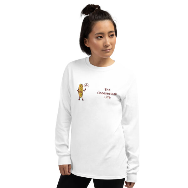 Long Sleeve T-Shirt - Cheesesteak Life - Amigo Dan - Cheesey Fishnet Stockings on back - Image 12