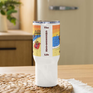 Travel mug with a handle - Cheesesteak Life - Cheesey Beach