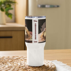 Travel mug with a handle - Cheesesteak Life - Cheesey Fishnet Stockings