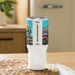 Travel mug with a handle - Cheesesteak Life - Cheesey Eagles Fan - TCL middle