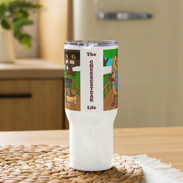 Travel mug with a handle - Cheesesteak Life - Cheesey Bar-B-Que