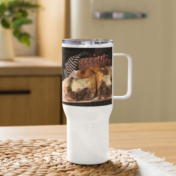Travel mug with a handle - Cheesesteak Life - Cheesey Fishnet Stockings - Image 3