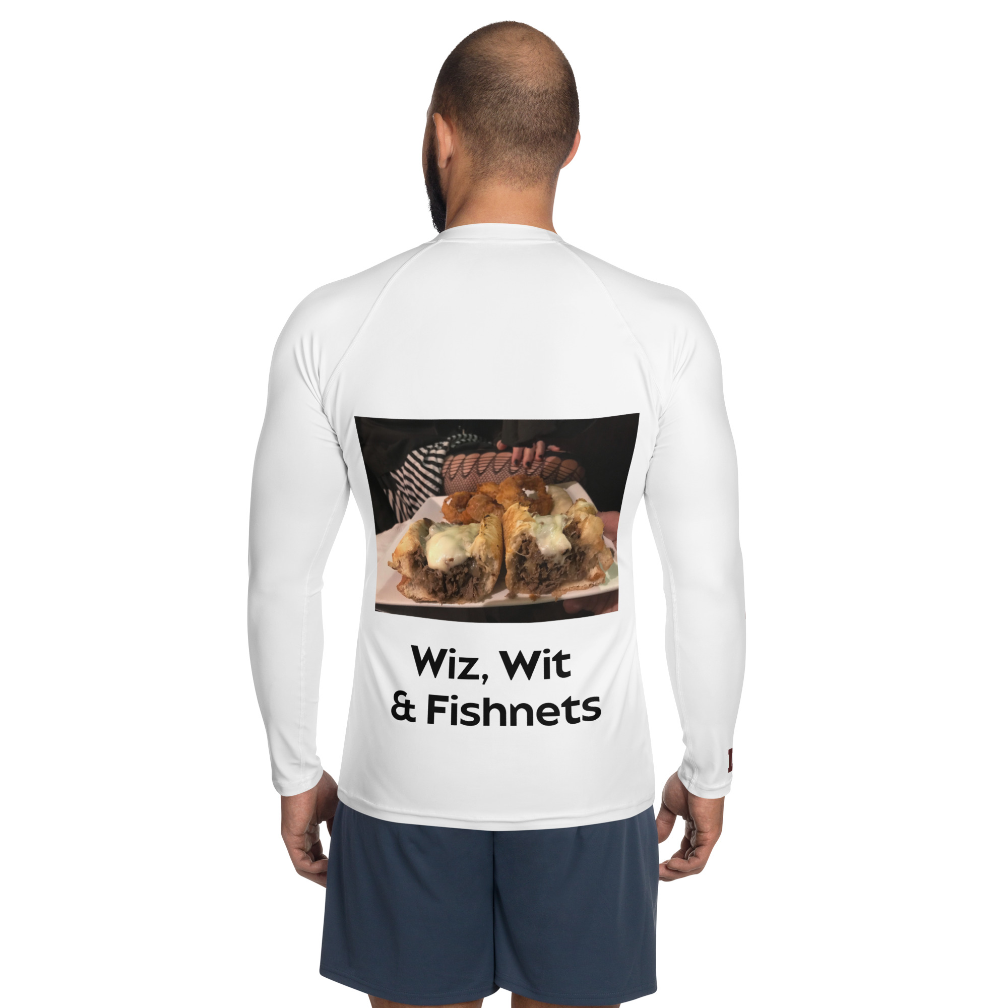 Men's Rash Guard - Cheesesteak Life - Cheesey Fishnet Stockings - Amigo Dan - TCL on arm - Image 2