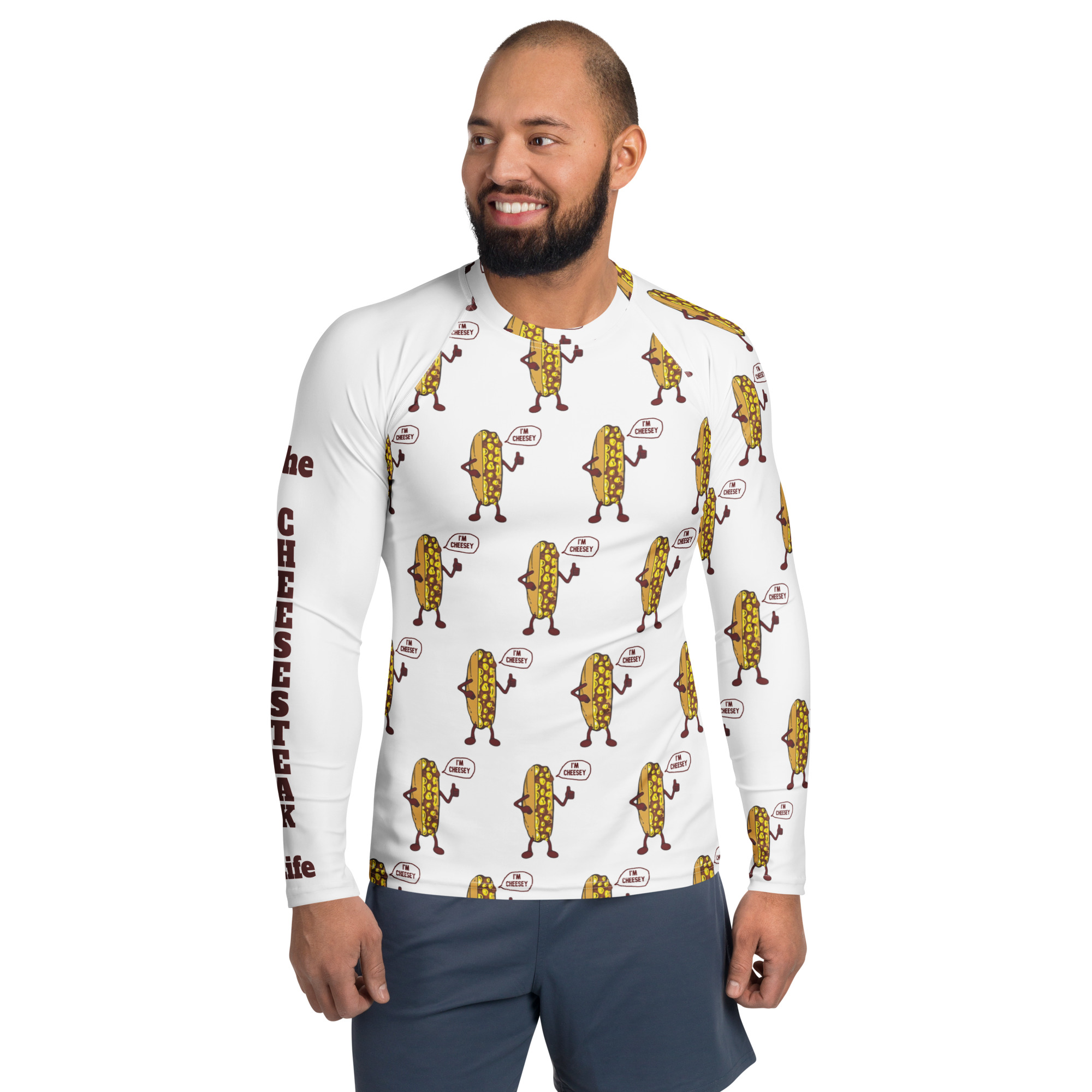 Men's Rash Guard - Mr. Cheesey everywhere - TCL on arm