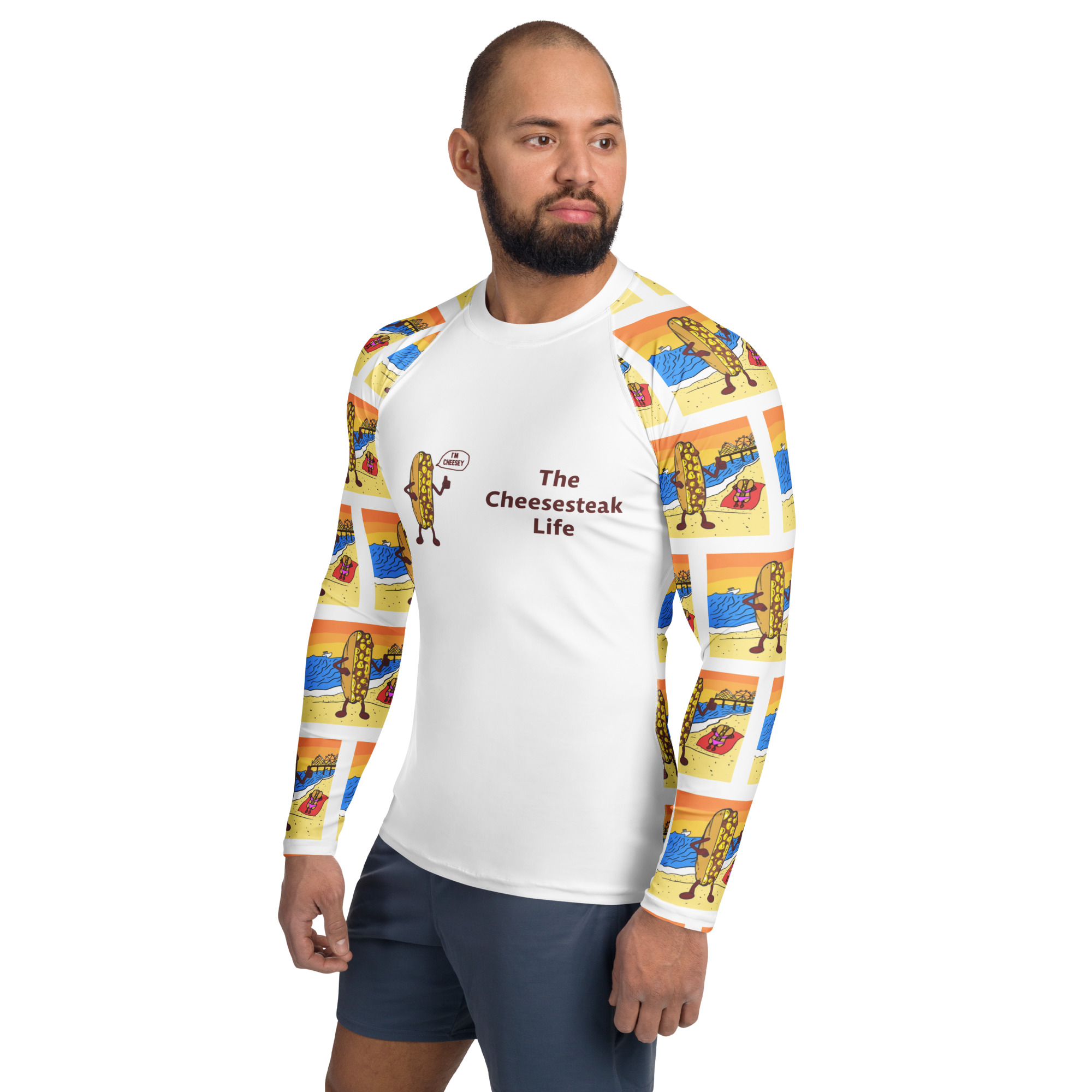 Men's Rash Guard - Cheesesteak Life - Cheesey Beach - Amigo Dan Collection - Image 3