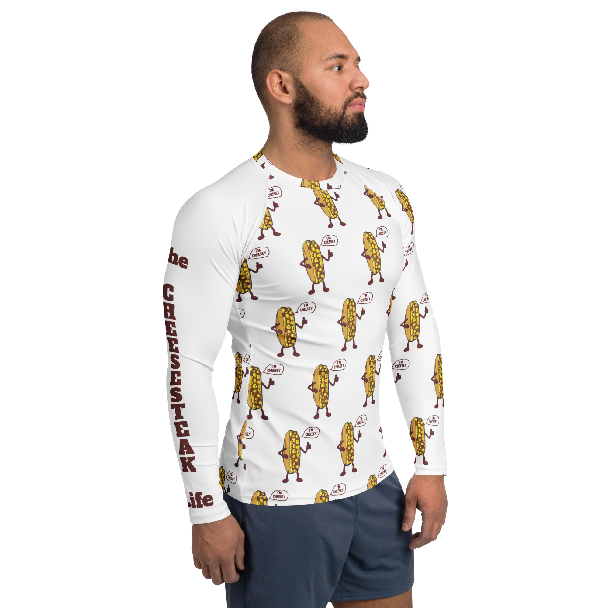 Men's Rash Guard - Mr. Cheesey everywhere - TCL on arm - Image 4