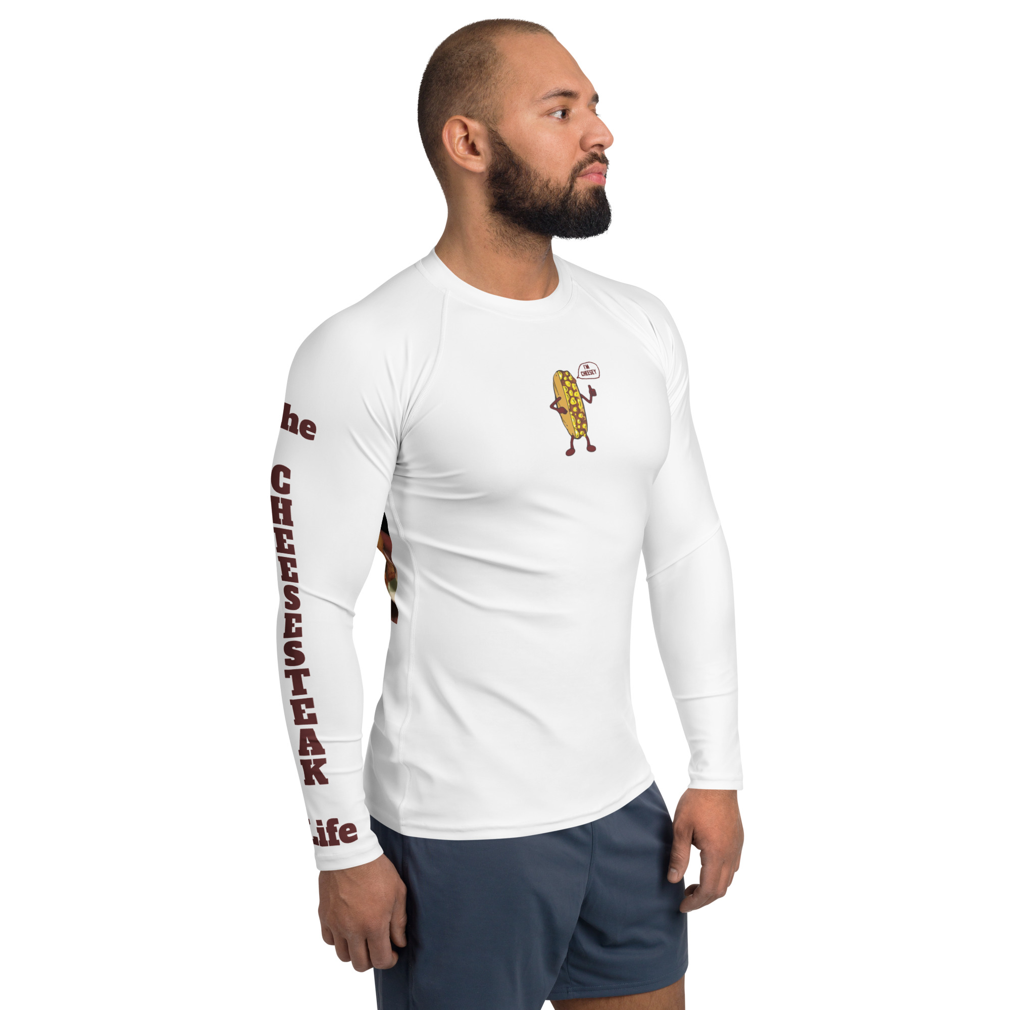 Men's Rash Guard - Cheesesteak Life - Cheesey Fishnet Stockings - Amigo Dan - TCL on arm - Image 3