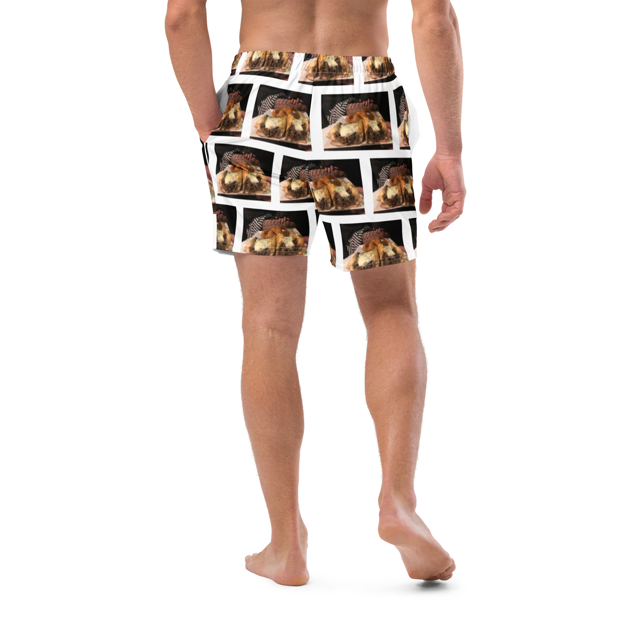 Men's Recycled Swim Trunks - Cheesesteak Life - Big Amigo Dan - lil Cheesey Fishnets on back - Image 4