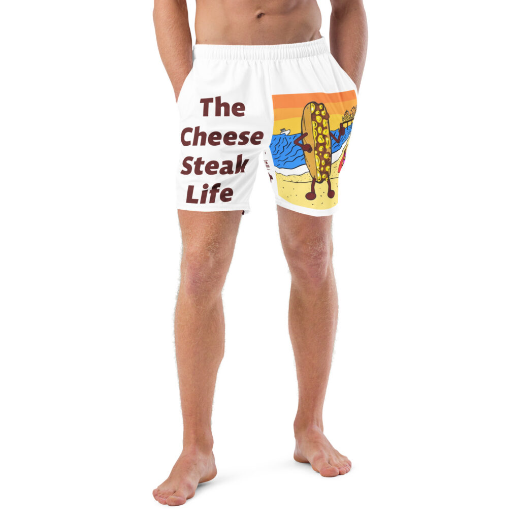 Men's Swim Trunks - Cheesesteak Life - Amigo Dan - Cheesey Eagles Fan on Front - Lil Cheesey's on back