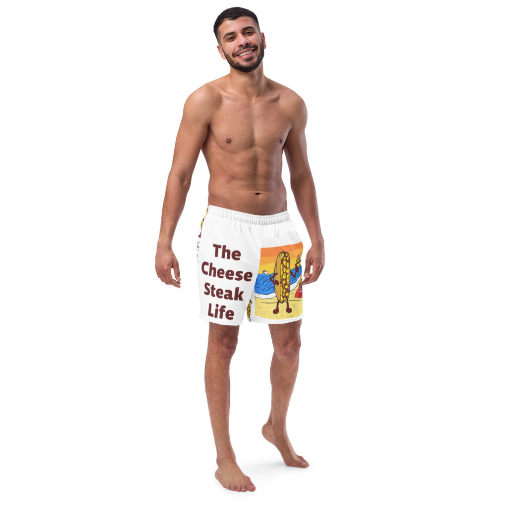 Men's Swim Trunks - Cheesesteak Life - Amigo Dan - Cheesey Beach on Front - Lil Cheesey's on back