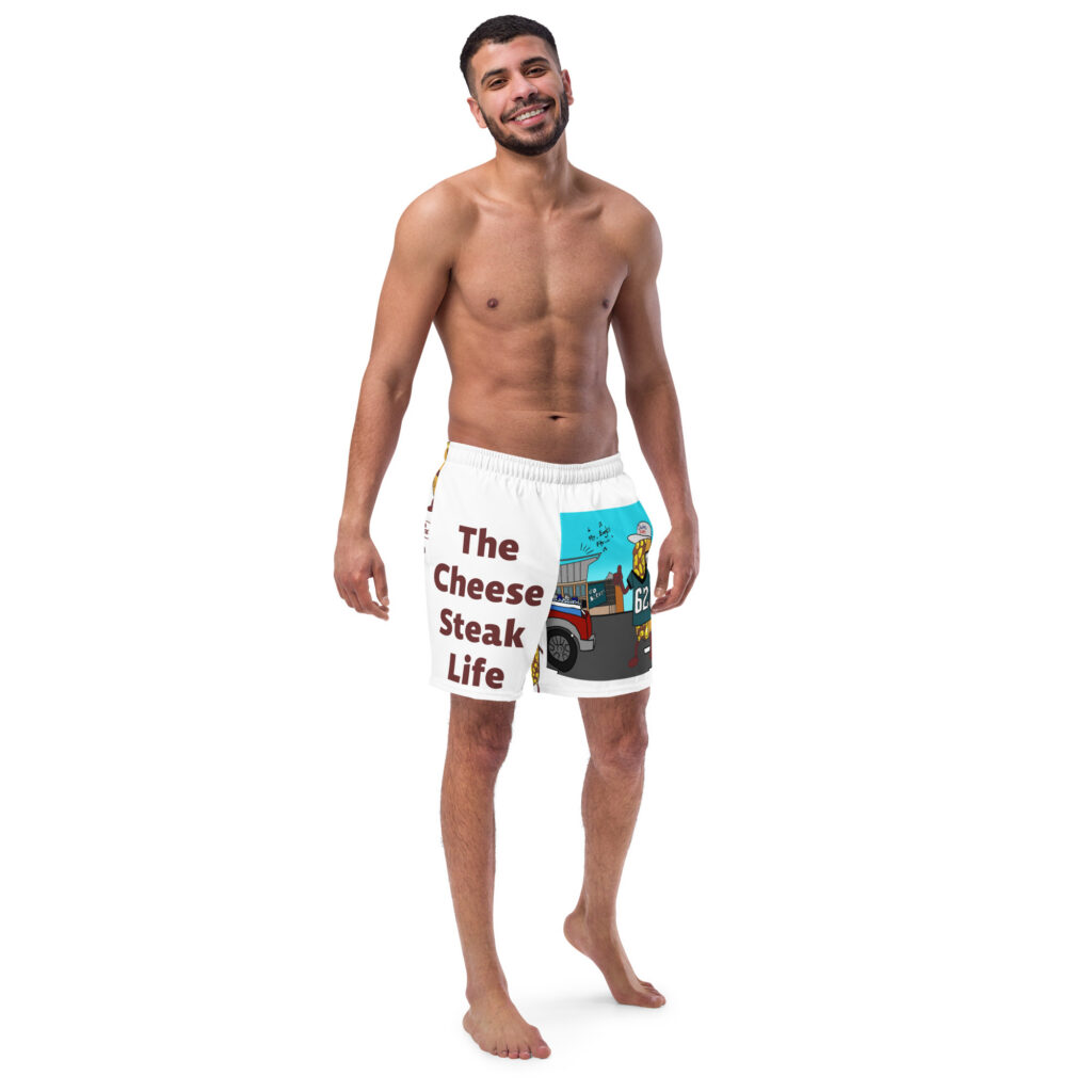 Men's Swim Trunks - Cheesesteak Life - Cheesey Eagles Fan on Front - Lil Cheesey's on back
