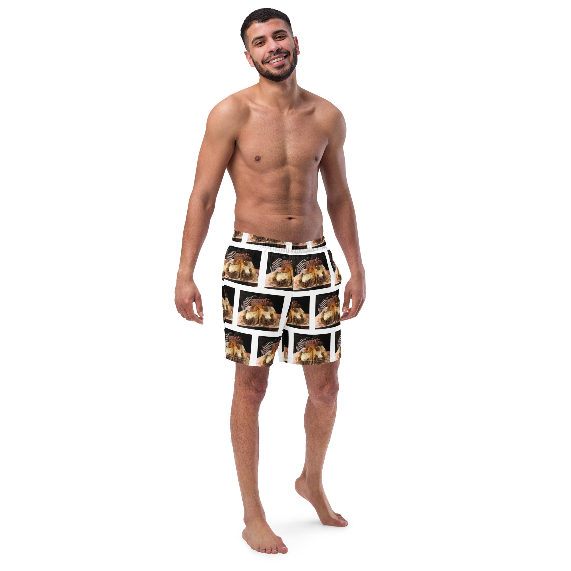 Men's Recycled Swim Trunks - Cheesesteak Life - Cheesey Fishnets everywhere