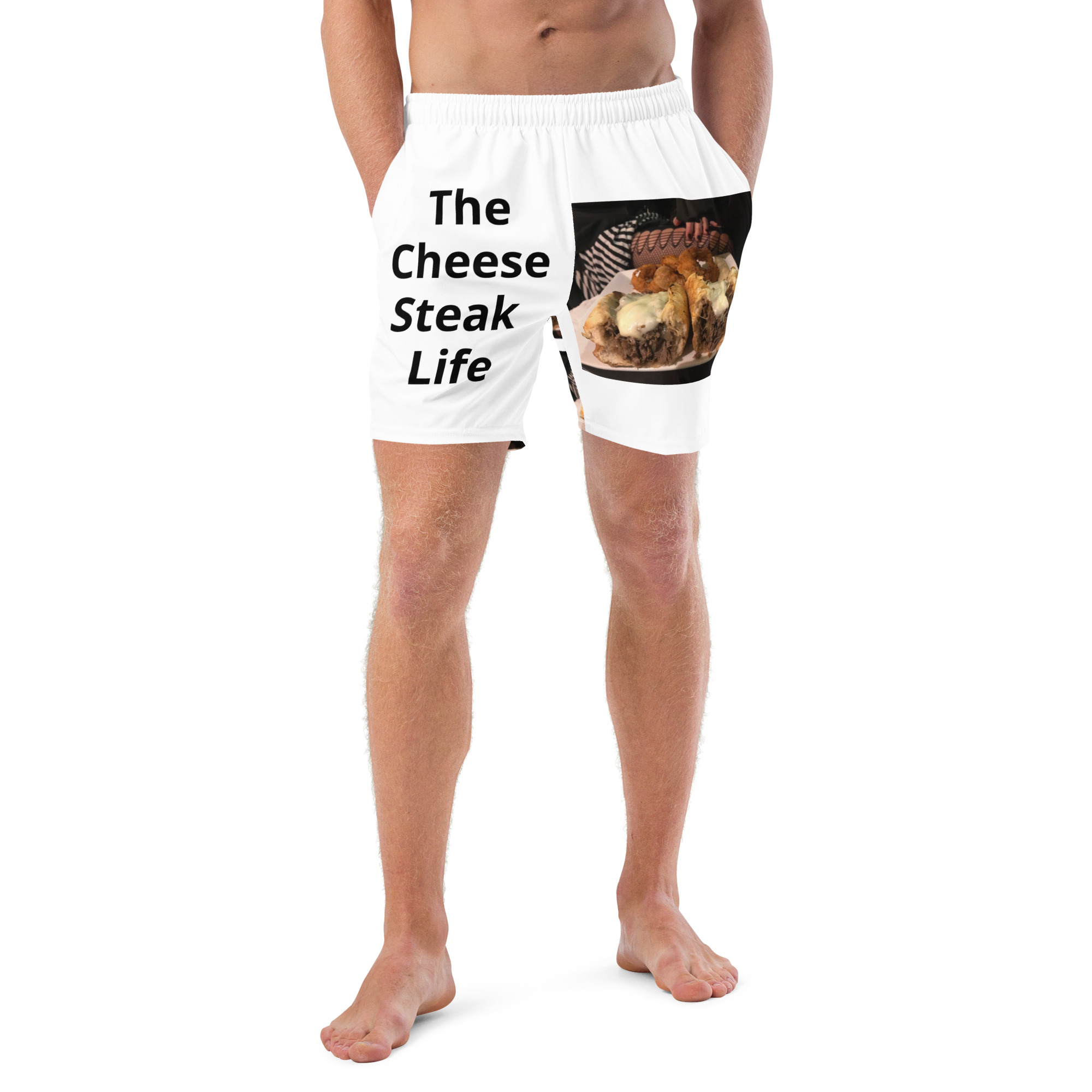 Men's Recycled Swim Trunks - Cheesesteak Life - Big Amigo Dan - lil Cheesey Fishnets on back