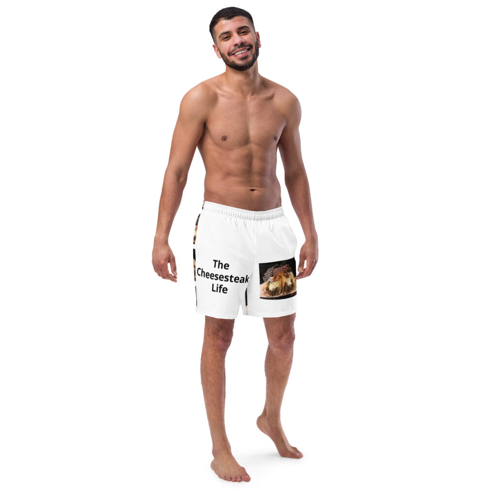 Men's Recycled Swim Trunks - Cheesesteak Life - Lil Amigo Dan - lil Cheesey Fishnets on back