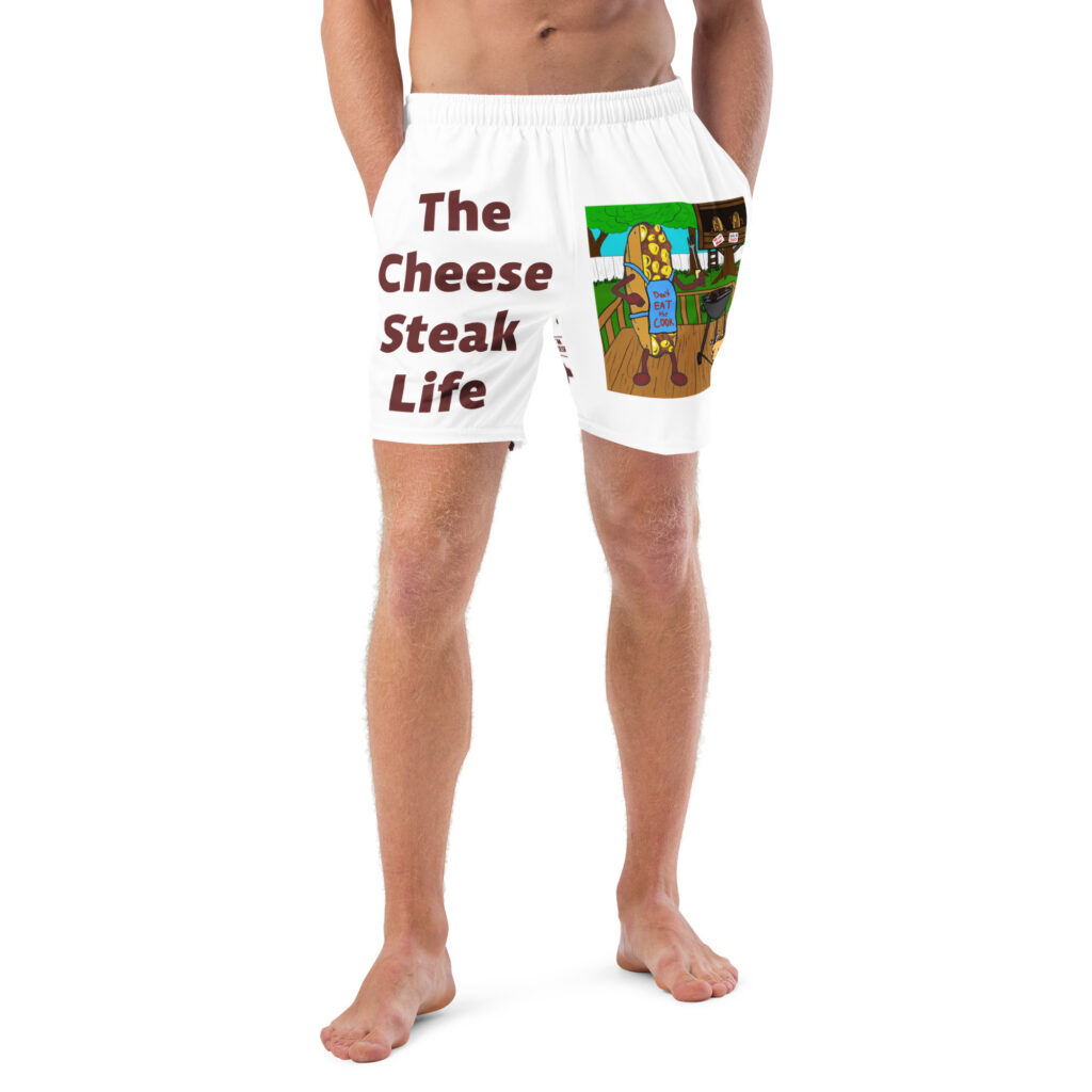 Men's Swim Trunks - Cheesesteak Life - Amigo Dan - Big Cheesey BBQ on Front - Lil Cheesey's on back