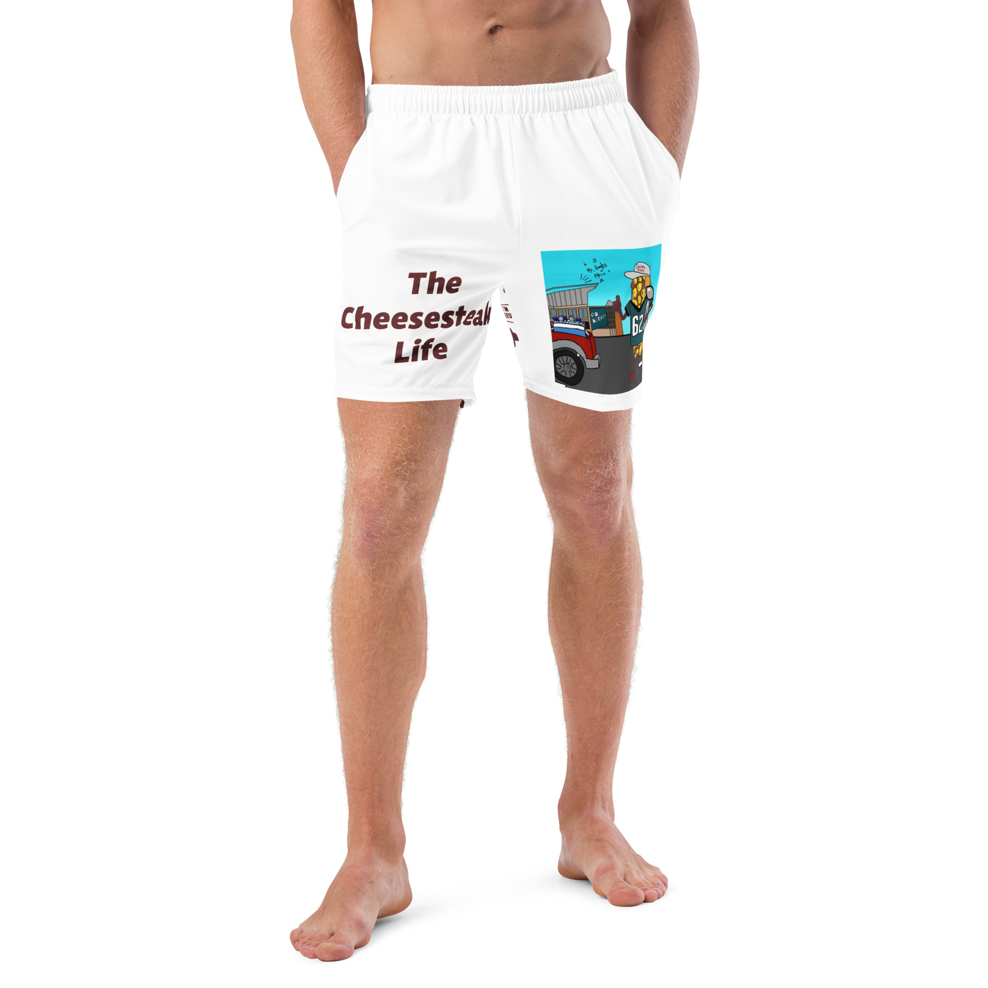 Men's Swim Trunks - Cheesesteak Life - Lil' Amigo Dan - Cheesey Eagles Fan on Front - Lil Cheesey's on back