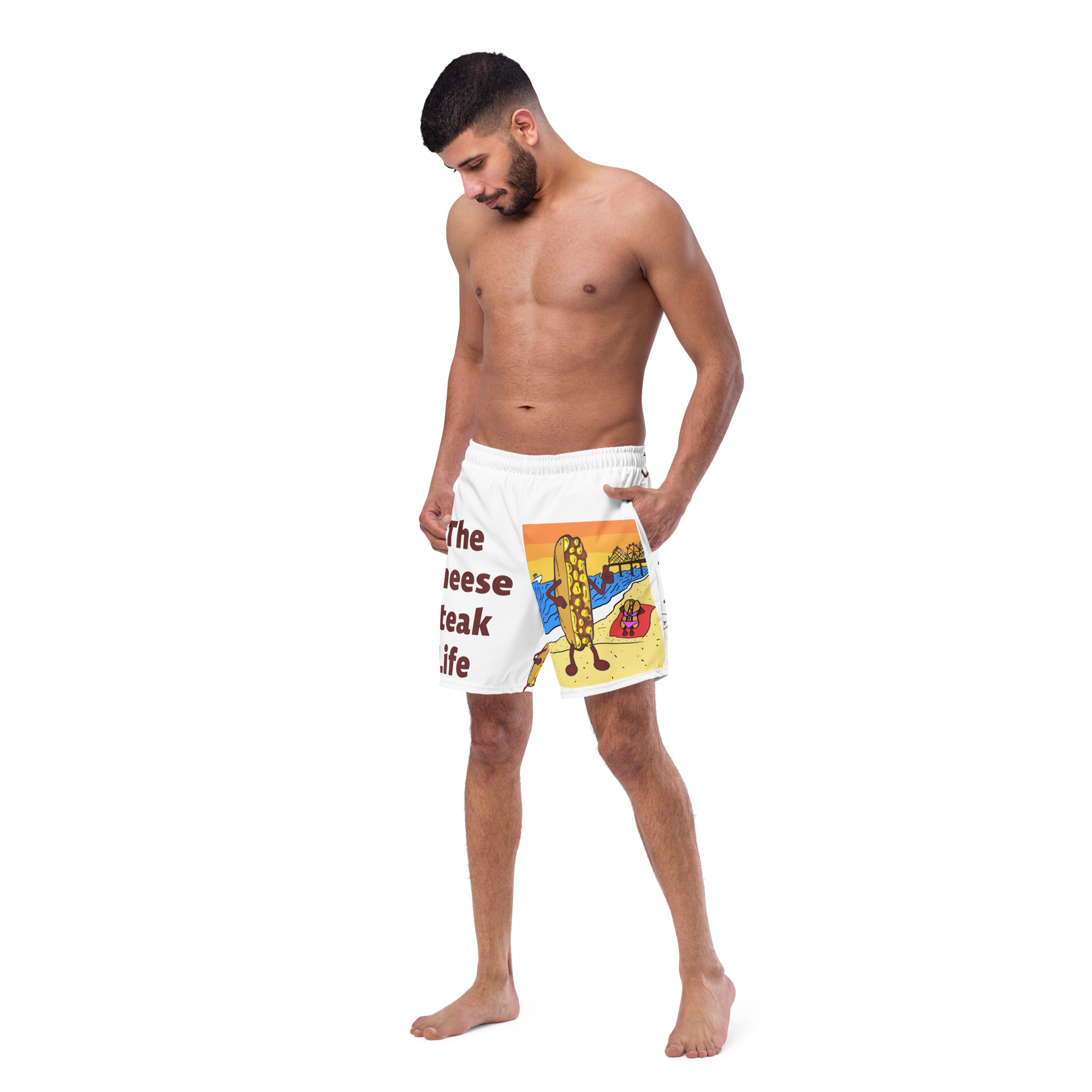 Men's Swim Trunks - Cheesesteak Life - Amigo Dan - Cheesey Beach on Front - Lil Cheesey's on back - Image 3