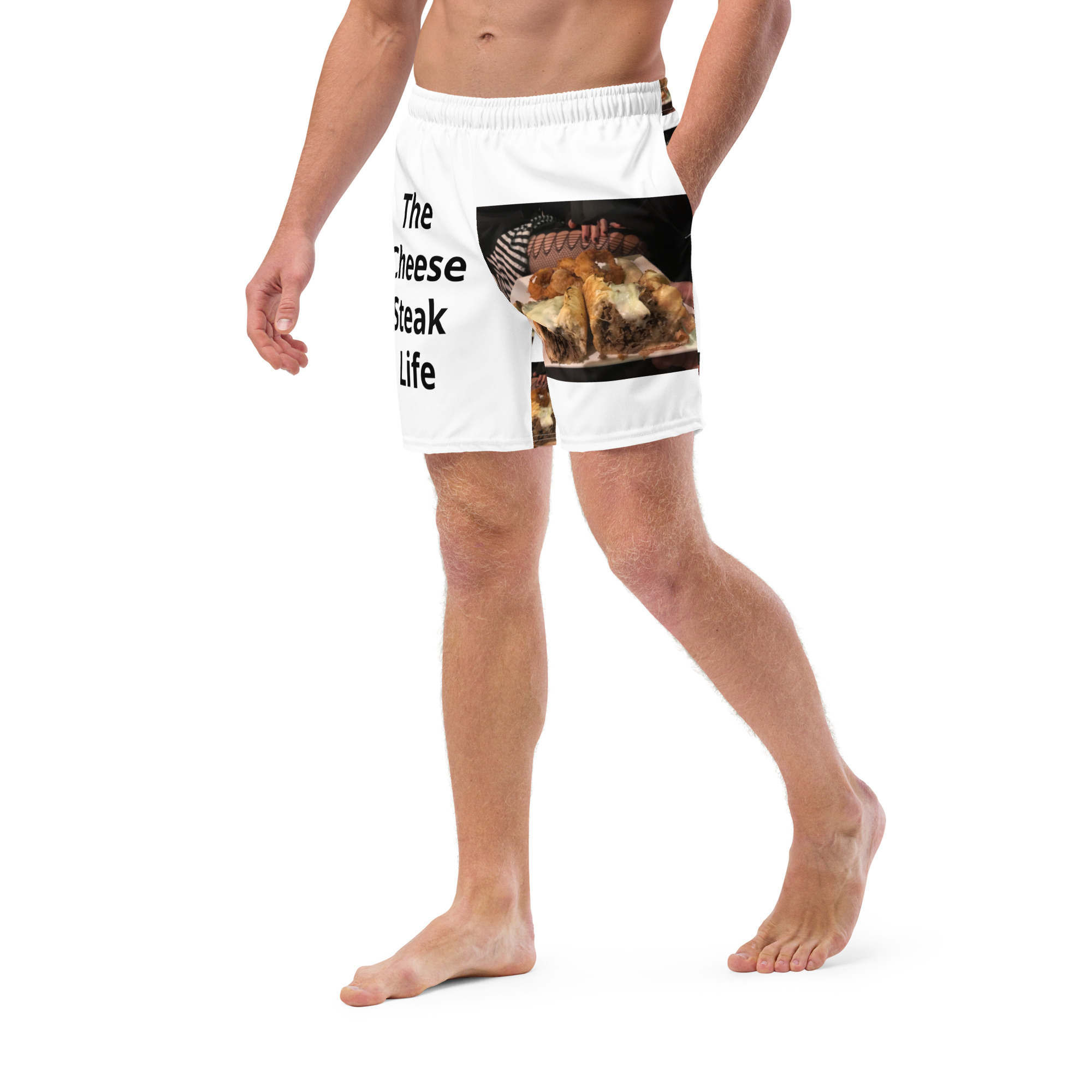 Men's Recycled Swim Trunks - Cheesesteak Life - Big Amigo Dan - lil Cheesey Fishnets on back - Image 2