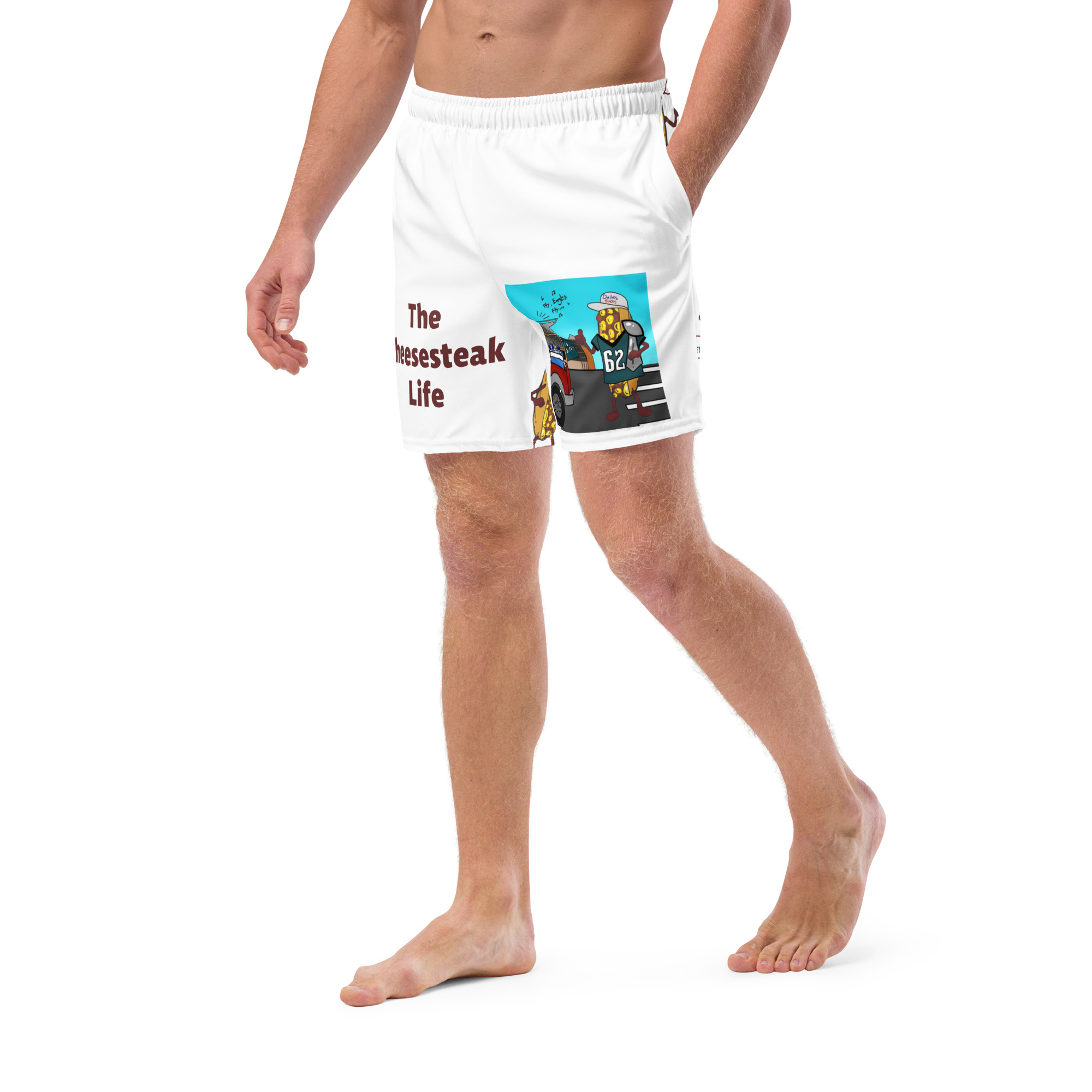 Men's Swim Trunks - Cheesesteak Life - Lil' Amigo Dan - Cheesey Eagles Fan on Front - Lil Cheesey's on back - Image 2