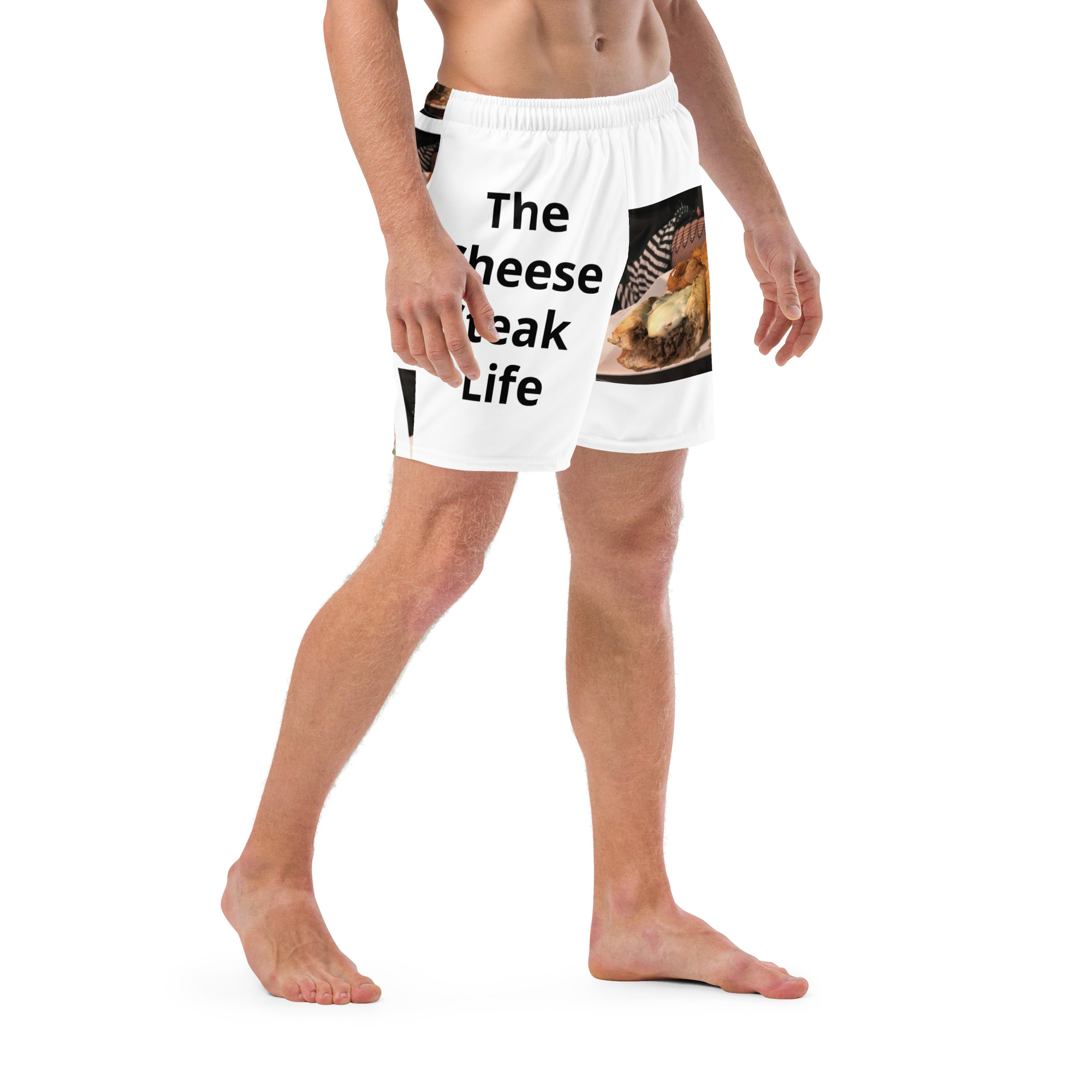 Men's Recycled Swim Trunks - Cheesesteak Life - Big Amigo Dan - lil Cheesey Fishnets on back - Image 3