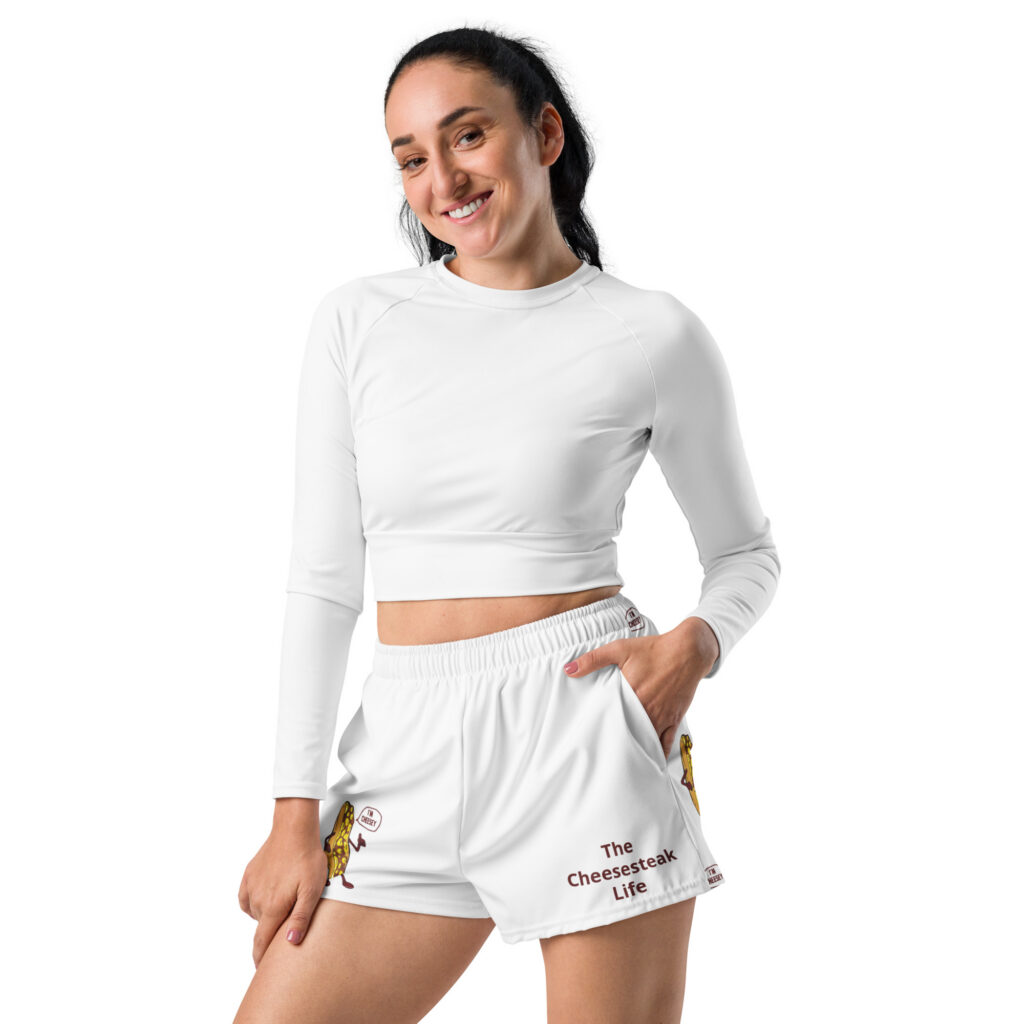 Mr. Cheesey - Women’s Recycled Athletic Shorts - Mr. Cheesey front - Lil Cheesey All Over Back