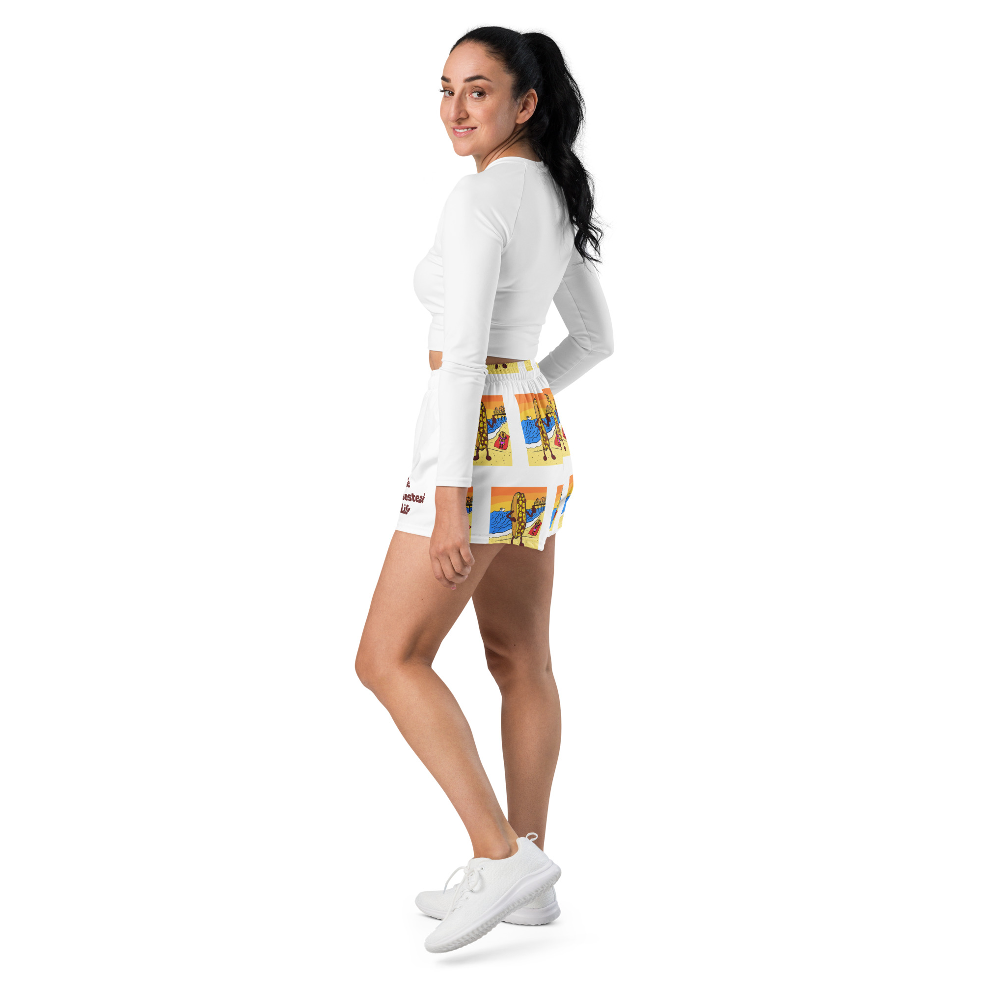 Women’s Recycled Athletic Shorts - Cheesesteak Life - Lil' Amigo Dan - Cheesey Beach - Image 2