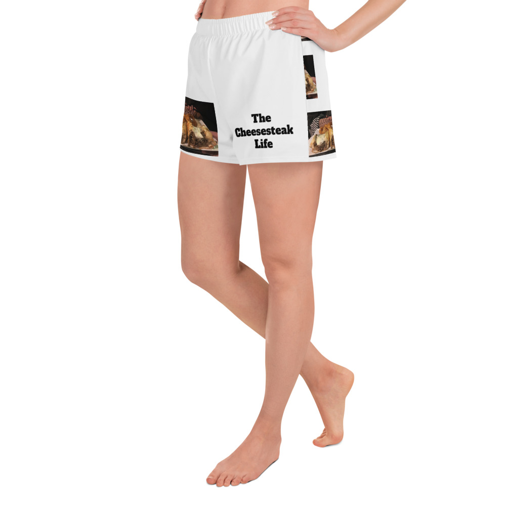 Women’s Recycled Athletic Shorts - Cheesesteak Life - Lil' Amigo Dan - Cheesey Fishnet Stockings - Image 3