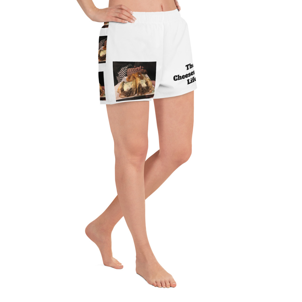 Women’s Recycled Athletic Shorts - Cheesesteak Life - Lil' Amigo Dan - Cheesey Fishnet Stockings - Image 2