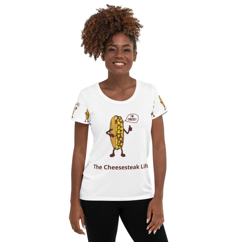 Mr. Cheesey - Women's Athletic T-shirt - Cheesesteak Life - Big Mr. Cheesey - lil Cheesey on back