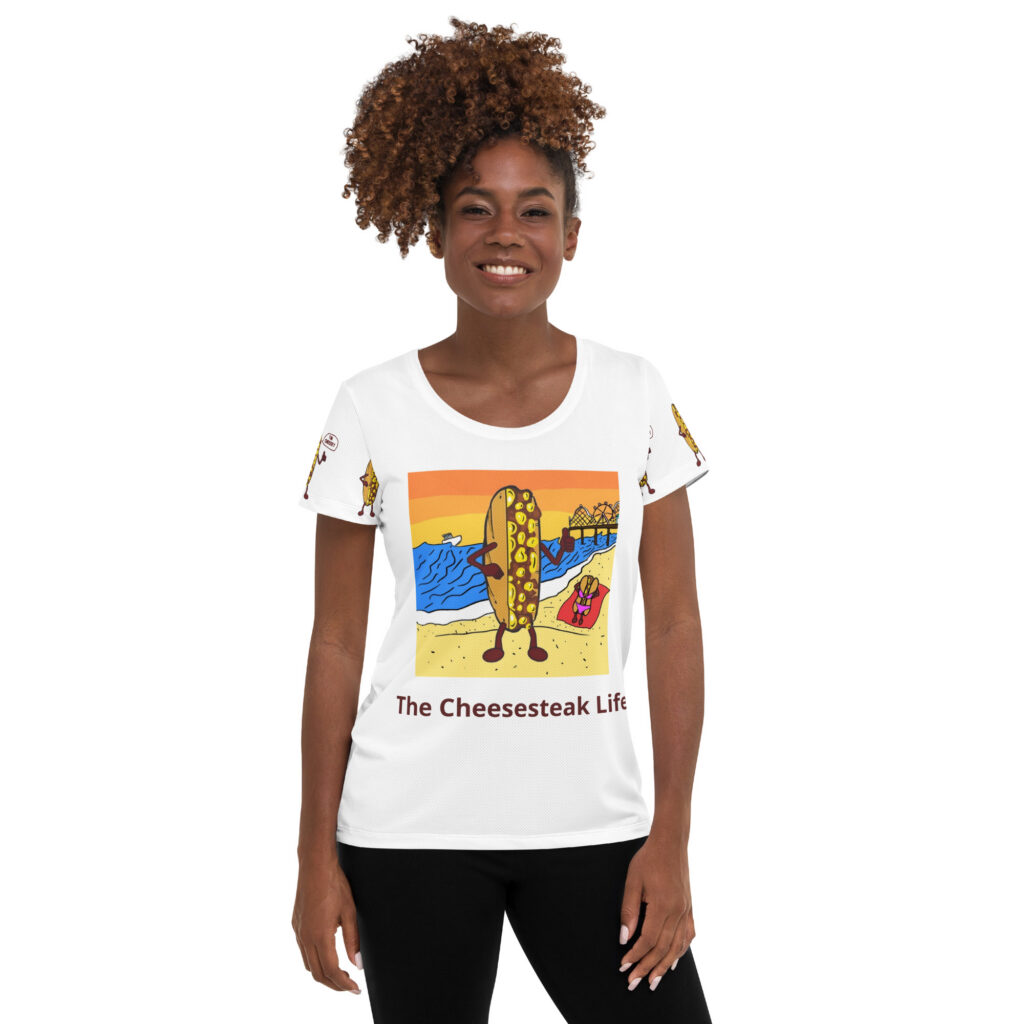 Women's Athletic T-shirt - Cheesesteak Life - Cheesey Beach - lil Cheesey on back
