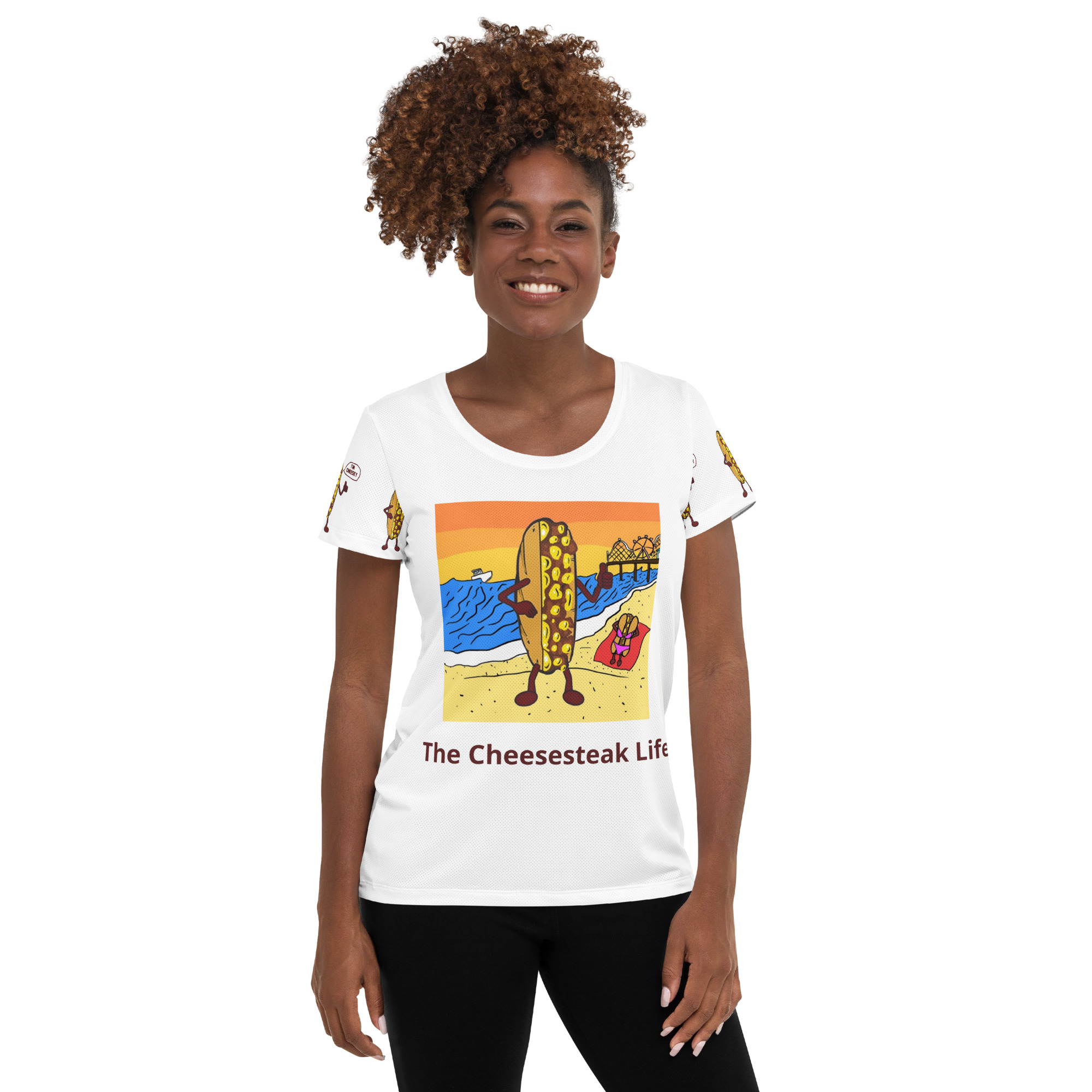 Women's Athletic T-shirt - Cheesesteak Life - Cheesey Beach - lil Cheesey on back