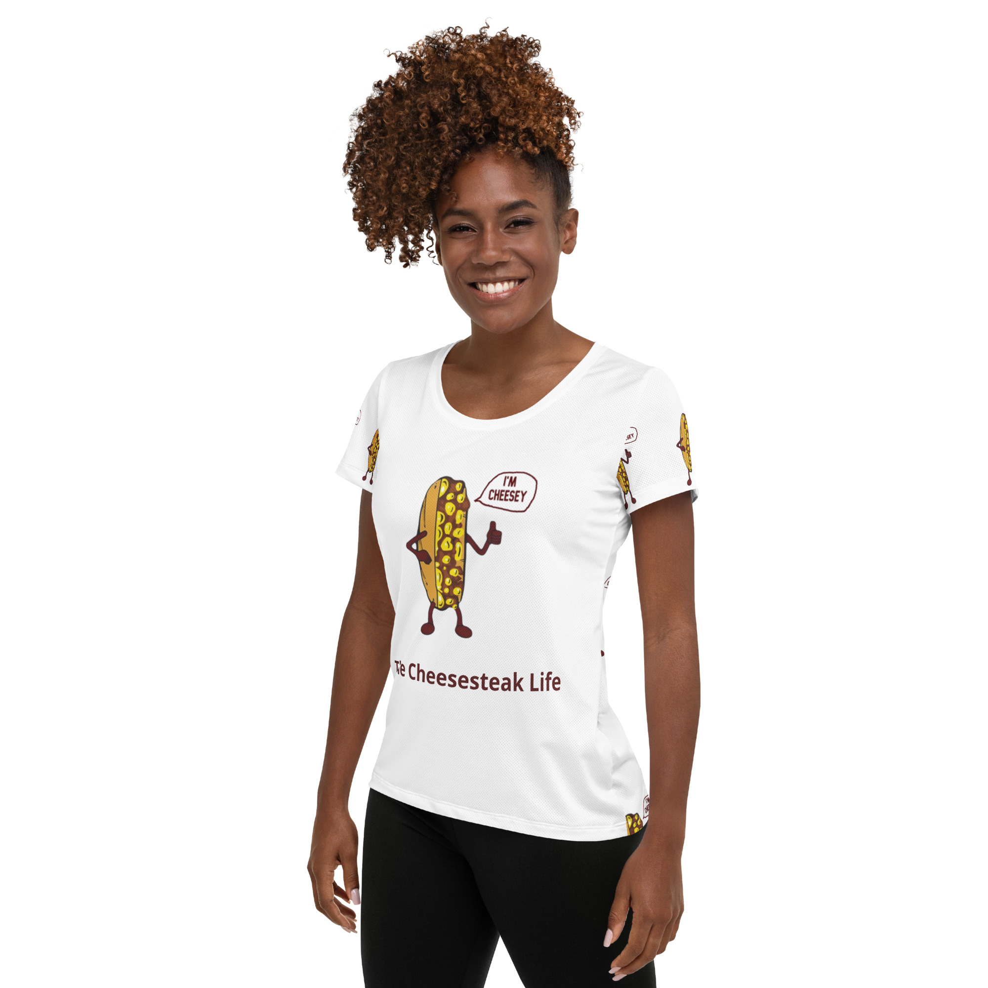 Mr. Cheesey - Women's Athletic T-shirt - Cheesesteak Life - Big Mr. Cheesey - lil Cheesey on back - Image 3