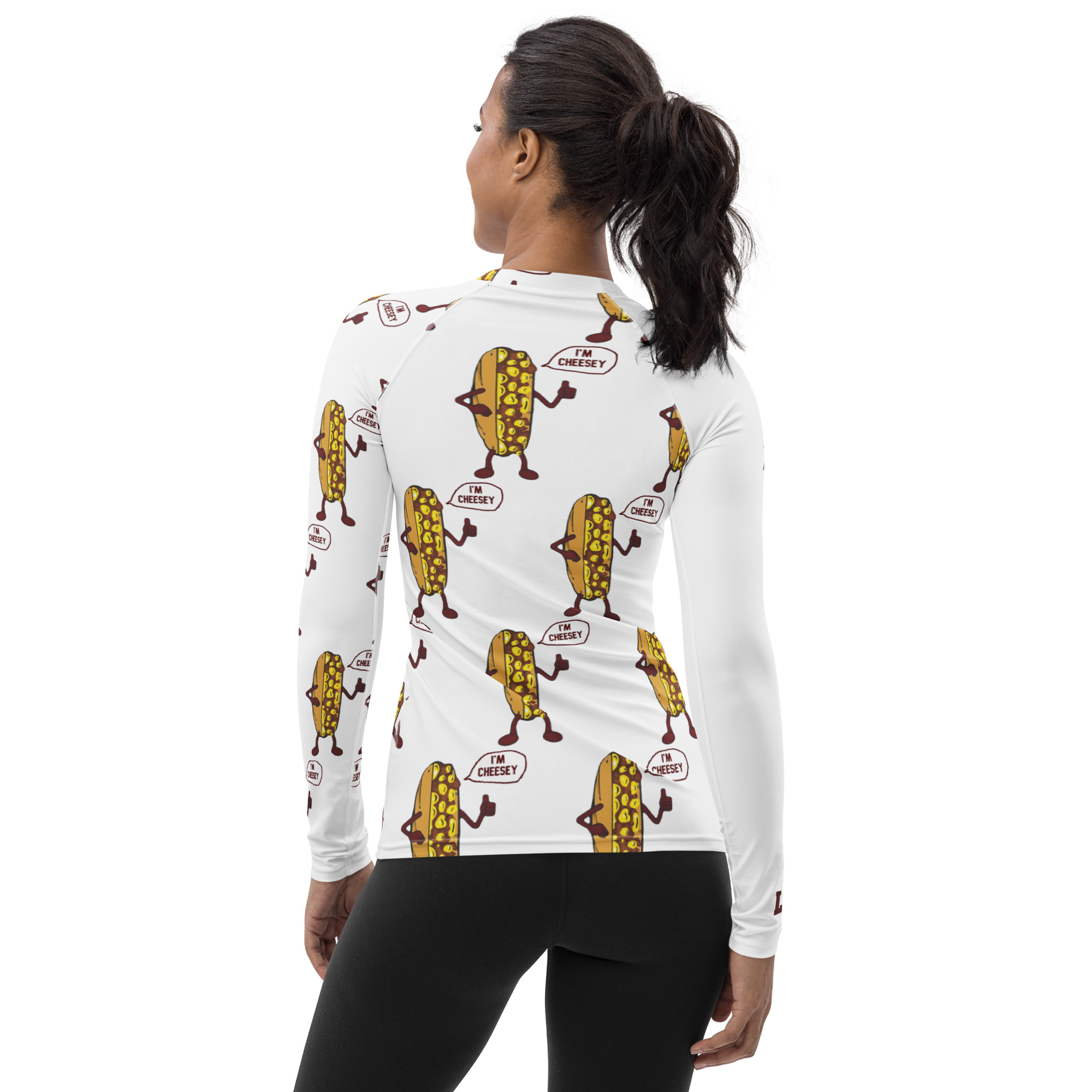 Women's Rash Guard - Cheesesteak Life - Lil Mr. Cheesey All Over Back - TCL on right sleeve - Image 2