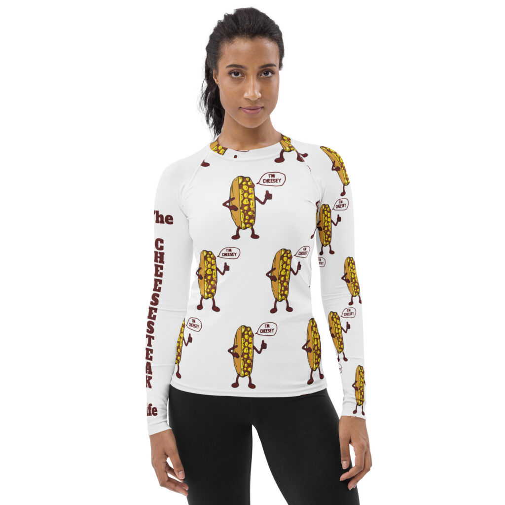 Women's Rash Guard - Cheesesteak Life - Lil Mr. Cheesey All Over Back - TCL on right sleeve