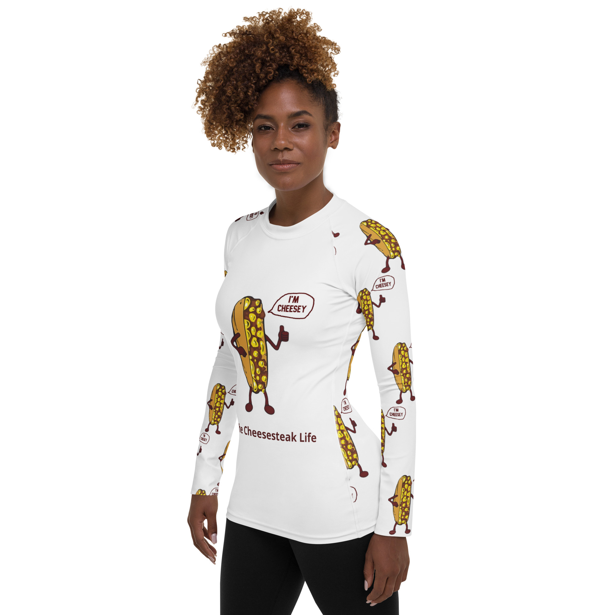 Women's Rash Guard - Cheesesteak Life - Mr. Cheesey Front - Lil Cheesey All Over Back - Image 3