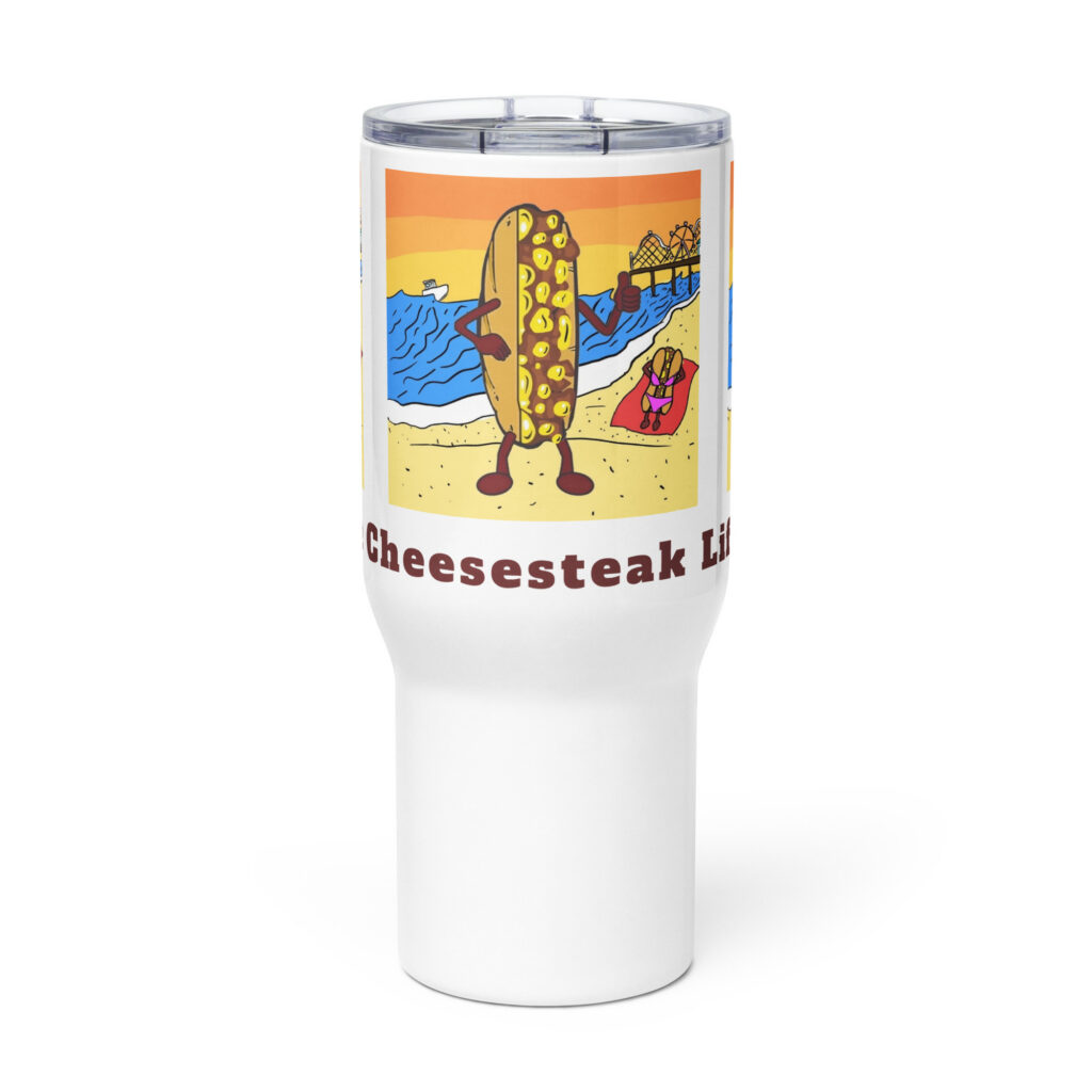 Travel mug with a handle - Cheesey Beach