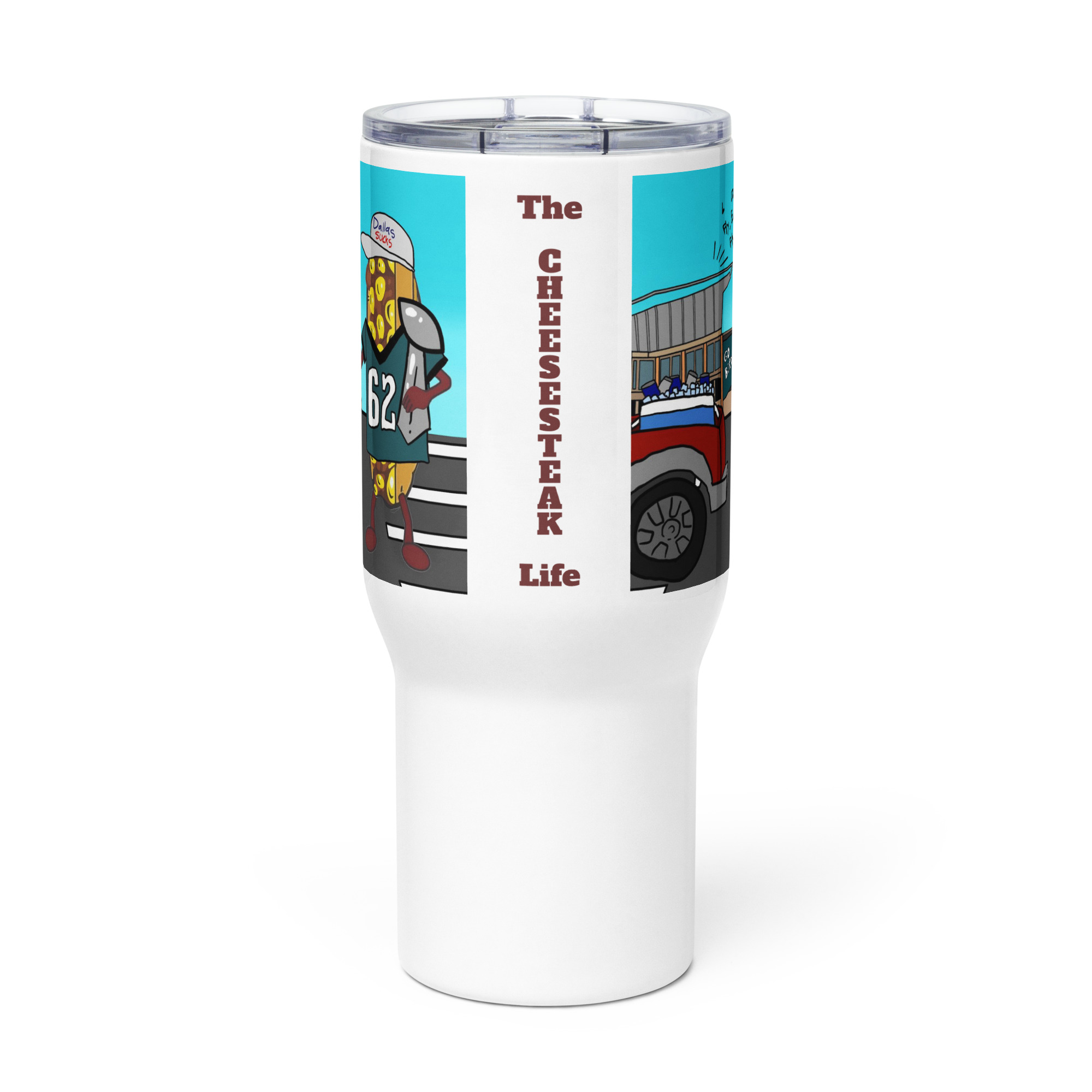 Travel mug with a handle - Cheesesteak Life - Cheesey Eagles Fan