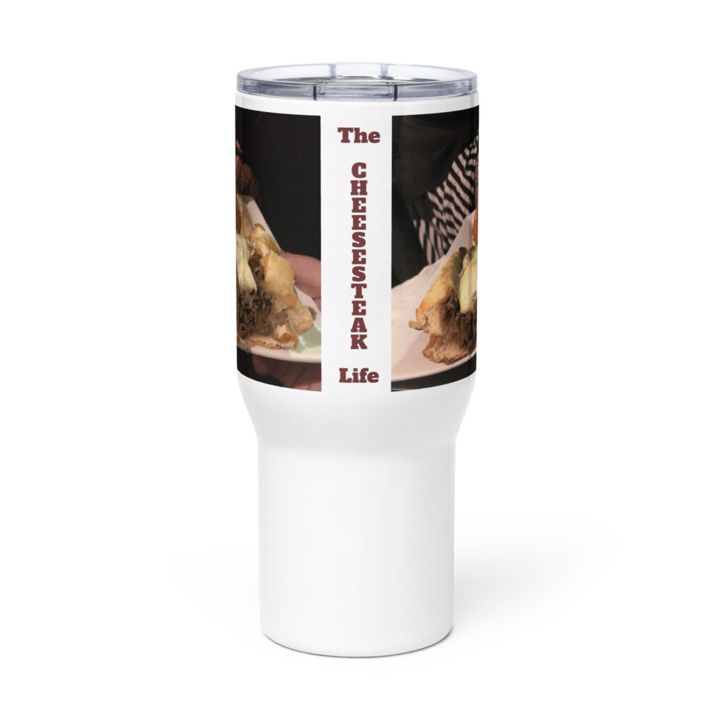 Travel mug with a handle - Cheesesteak Life - Cheesey Fishnet Stockings