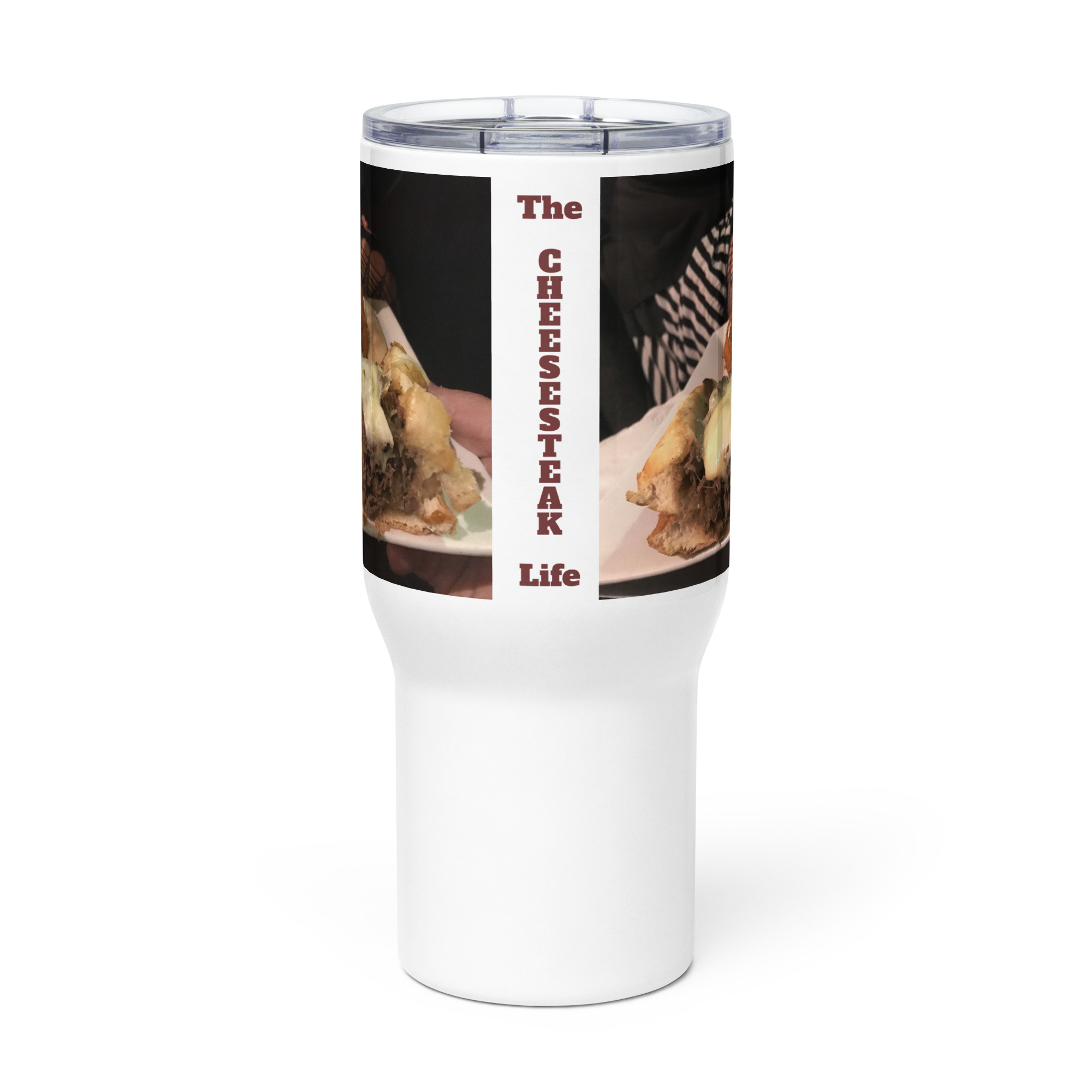 Travel mug with a handle - Cheesesteak Life - Cheesey Fishnet Stockings