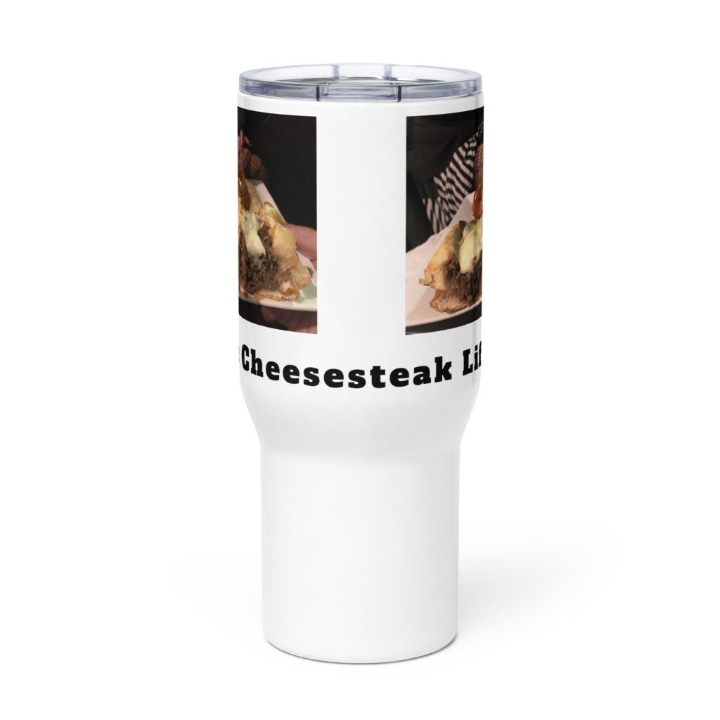 Travel mug with a handle - Cheesesteak Life - Fishnet stockings