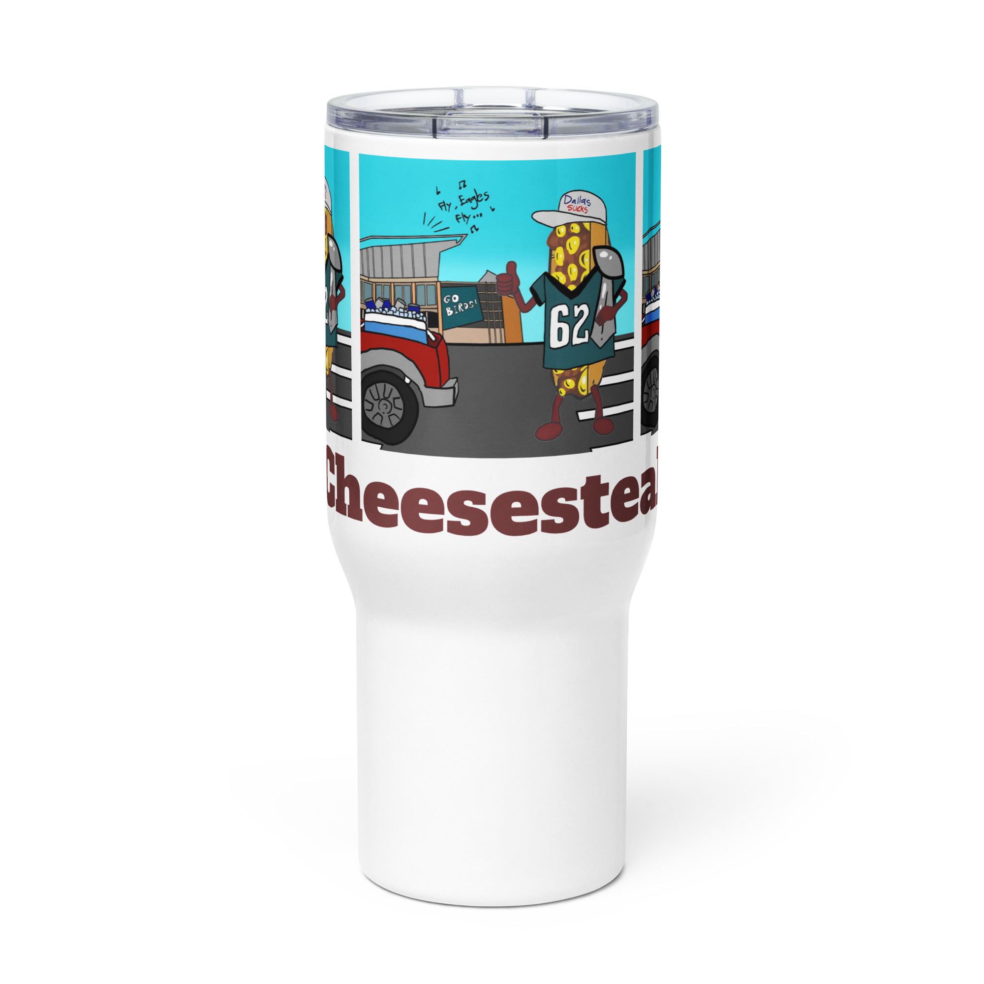 Travel mug with handle - Cheesey Eagles Fan- TCL on bottom