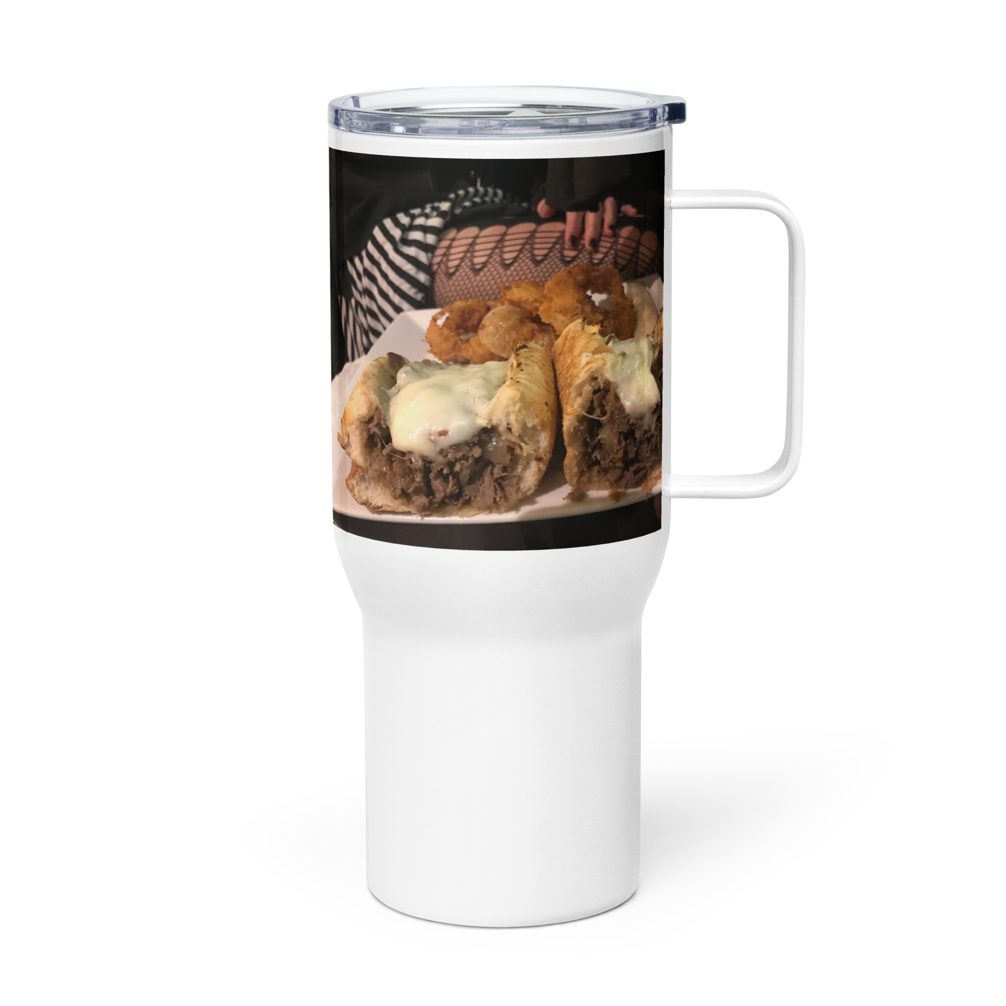Travel mug with a handle - Cheesesteak Life - Cheesey Fishnet Stockings - Image 3