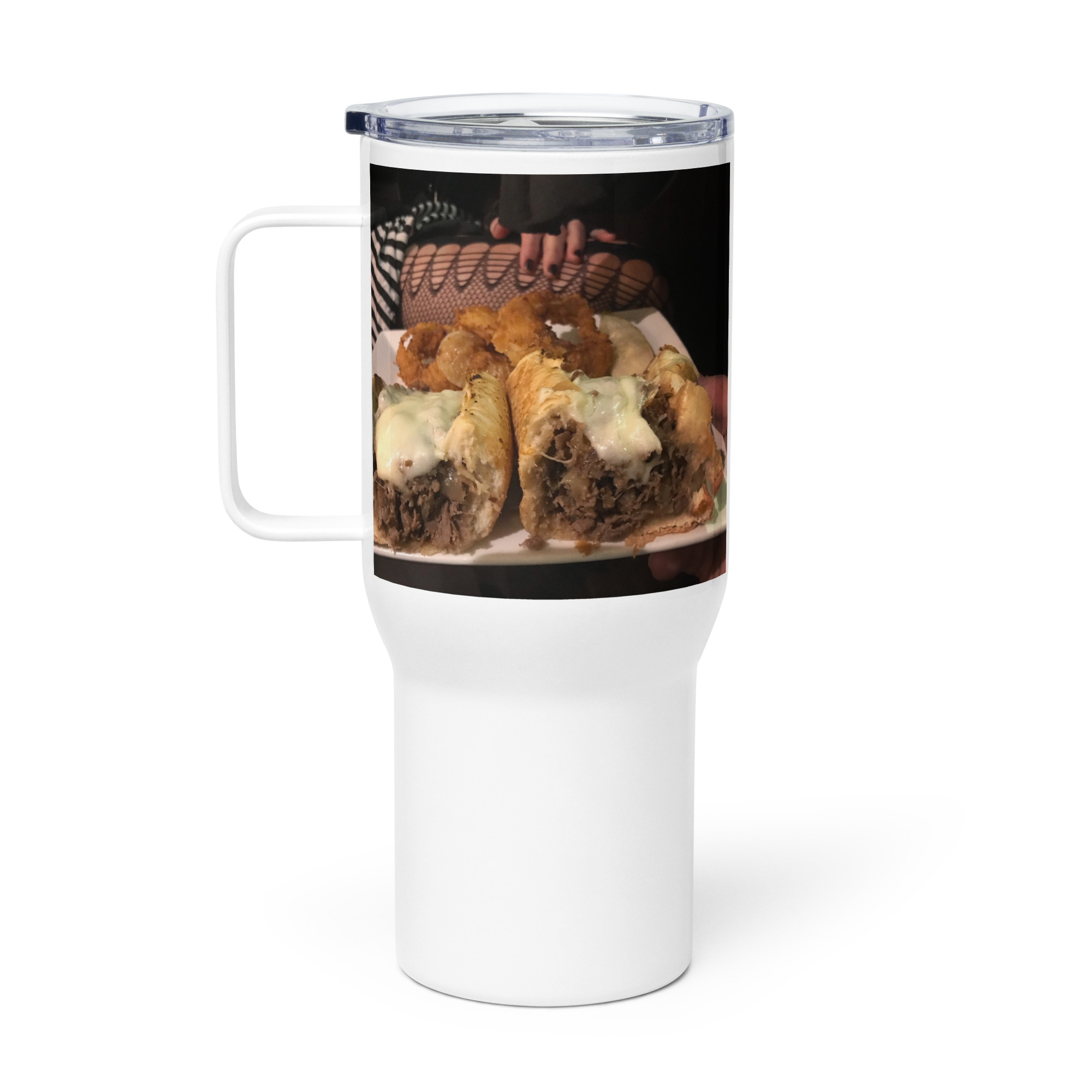 Travel mug with a handle - Cheesesteak Life - Cheesey Fishnet Stockings - Image 2