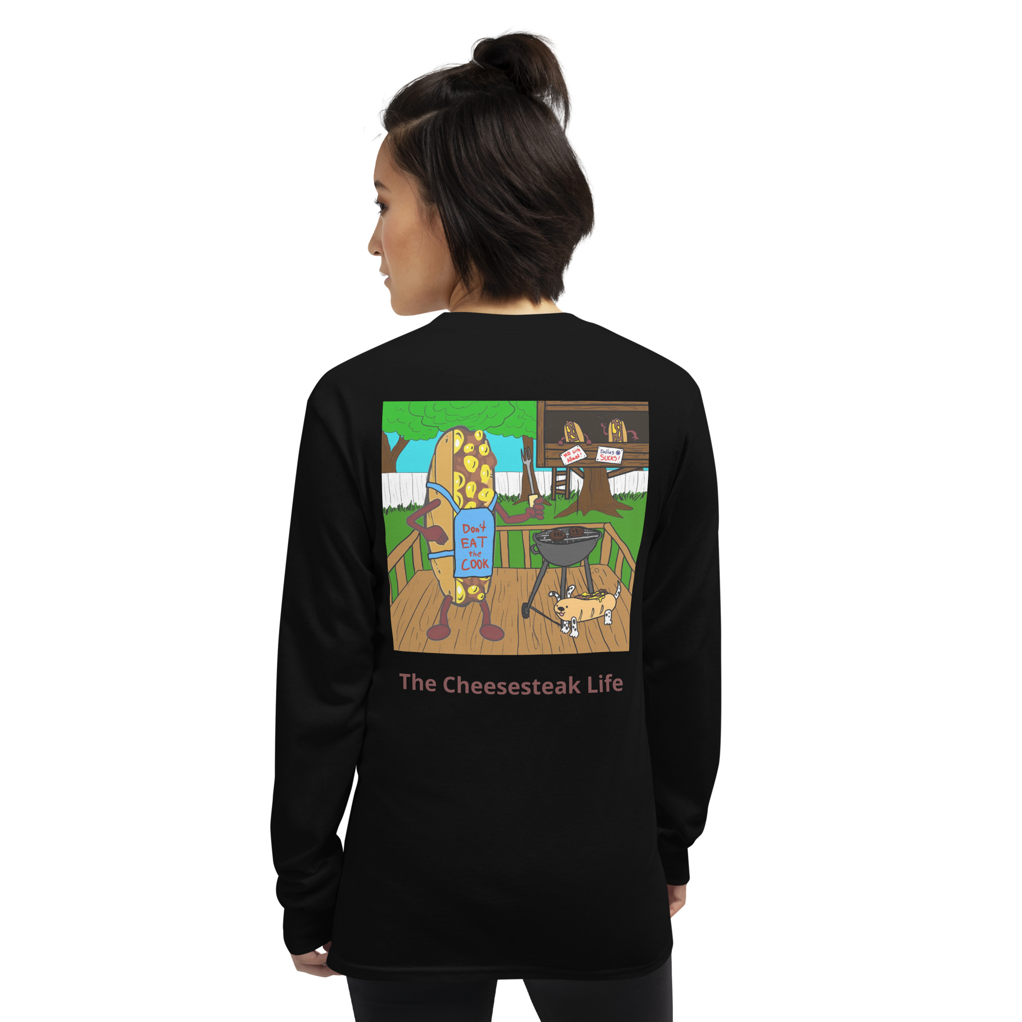 Long Sleeve T-Shirt - Cheesesteak Life - Amigo Dan - Cheesey Bar-B-Que on back - Image 2