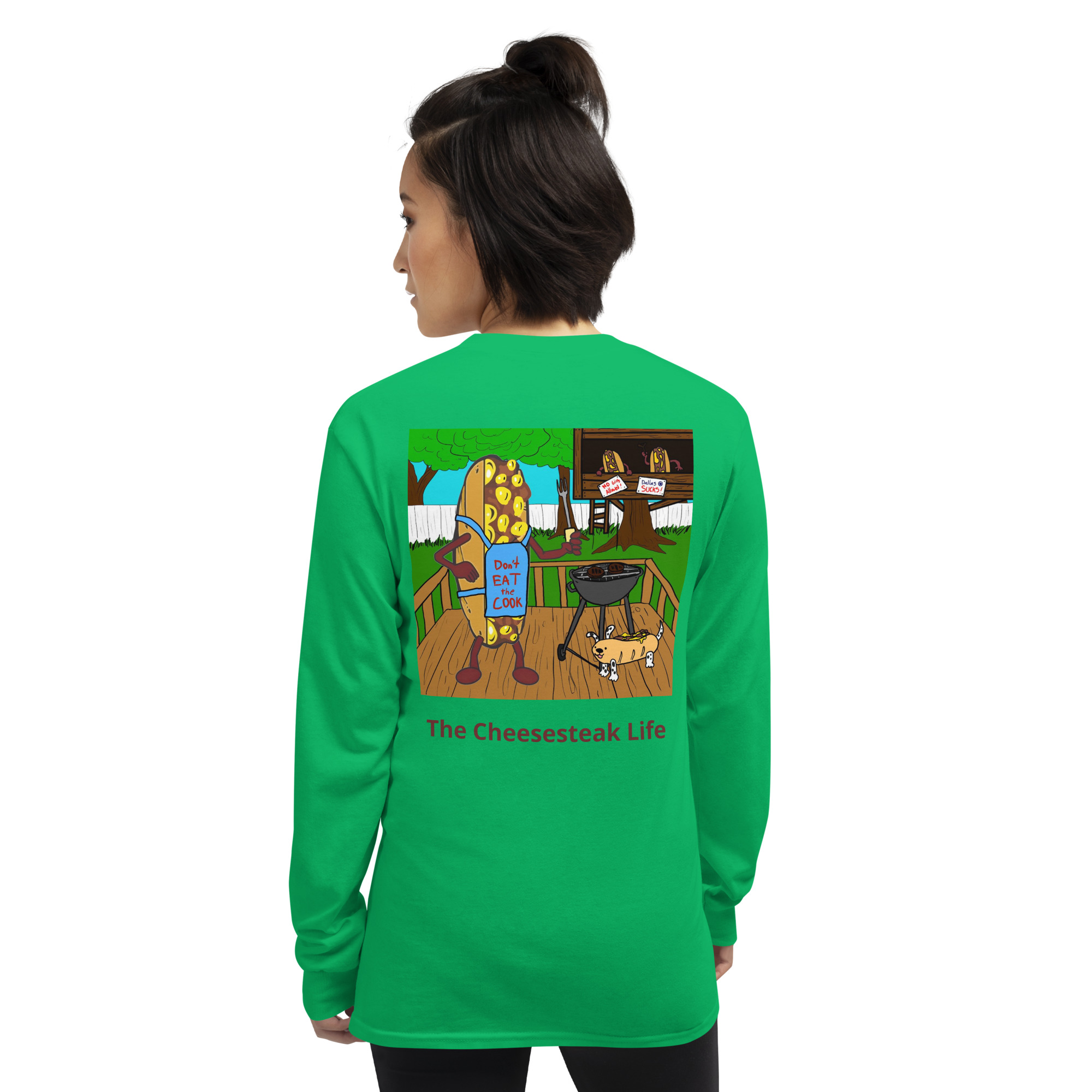 Long Sleeve T-Shirt - Cheesesteak Life - Amigo Dan - Cheesey Bar-B-Que on back - Image 10