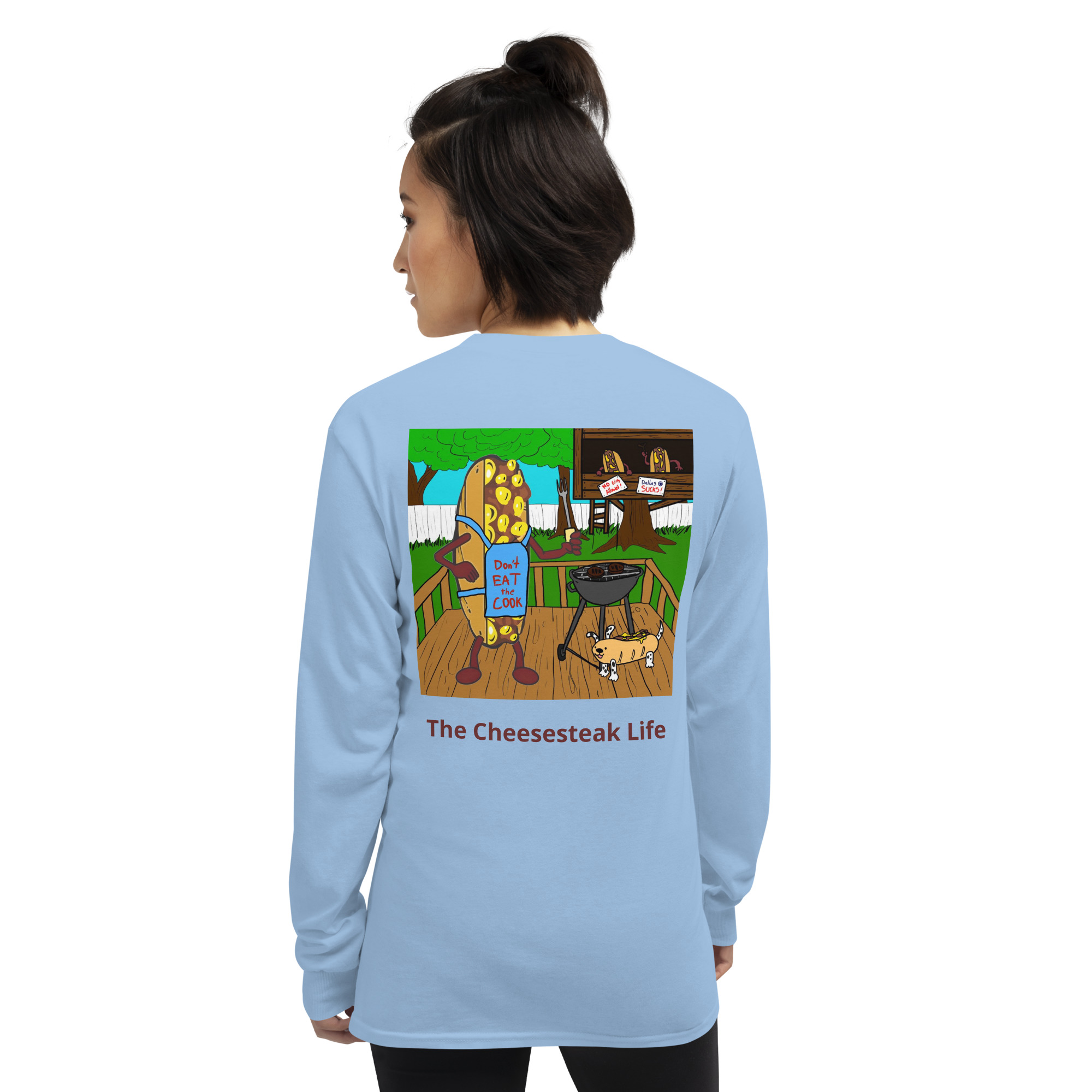Long Sleeve T-Shirt - Cheesesteak Life - Amigo Dan - Cheesey Bar-B-Que on back - Image 14