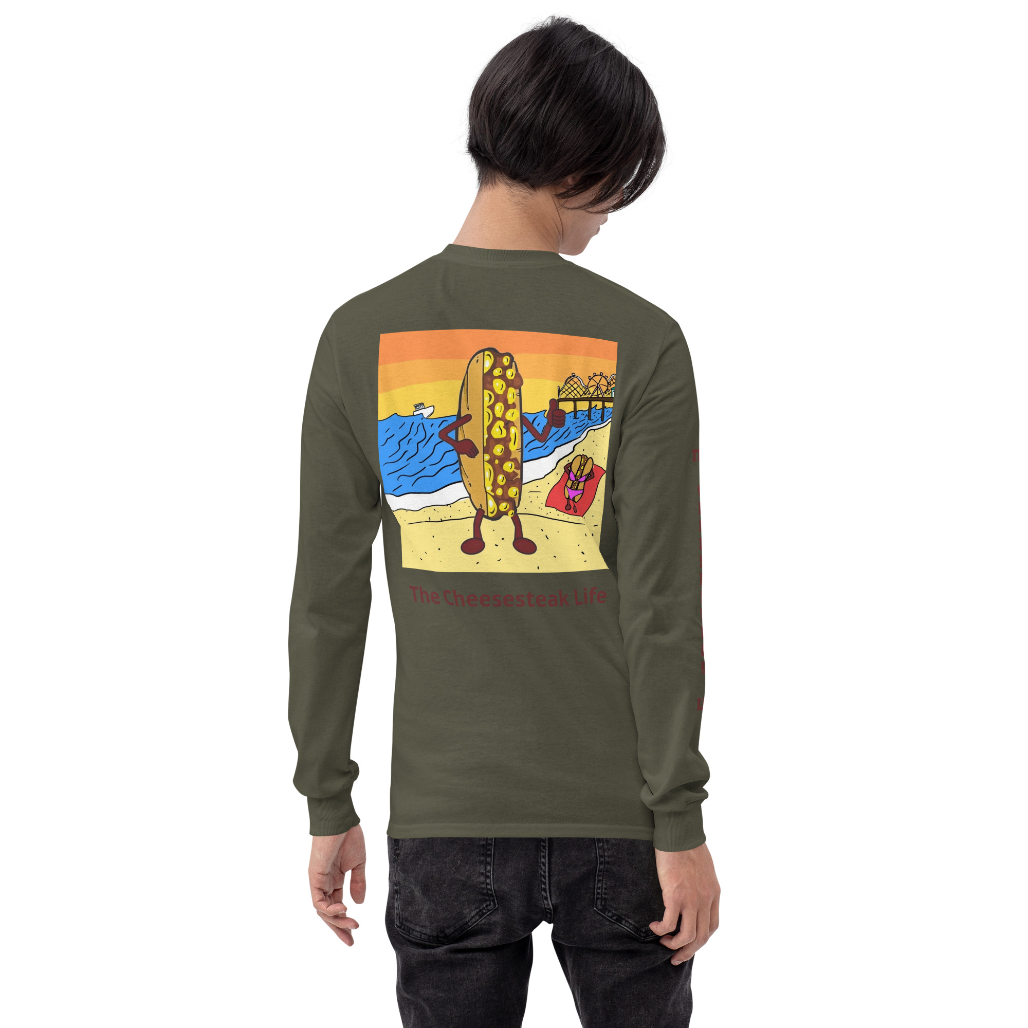 Long Sleeve T-Shirt - Cheesesteak Life - Amigo Dan - Cheesey Beach on back - TCL on arm - Image 8