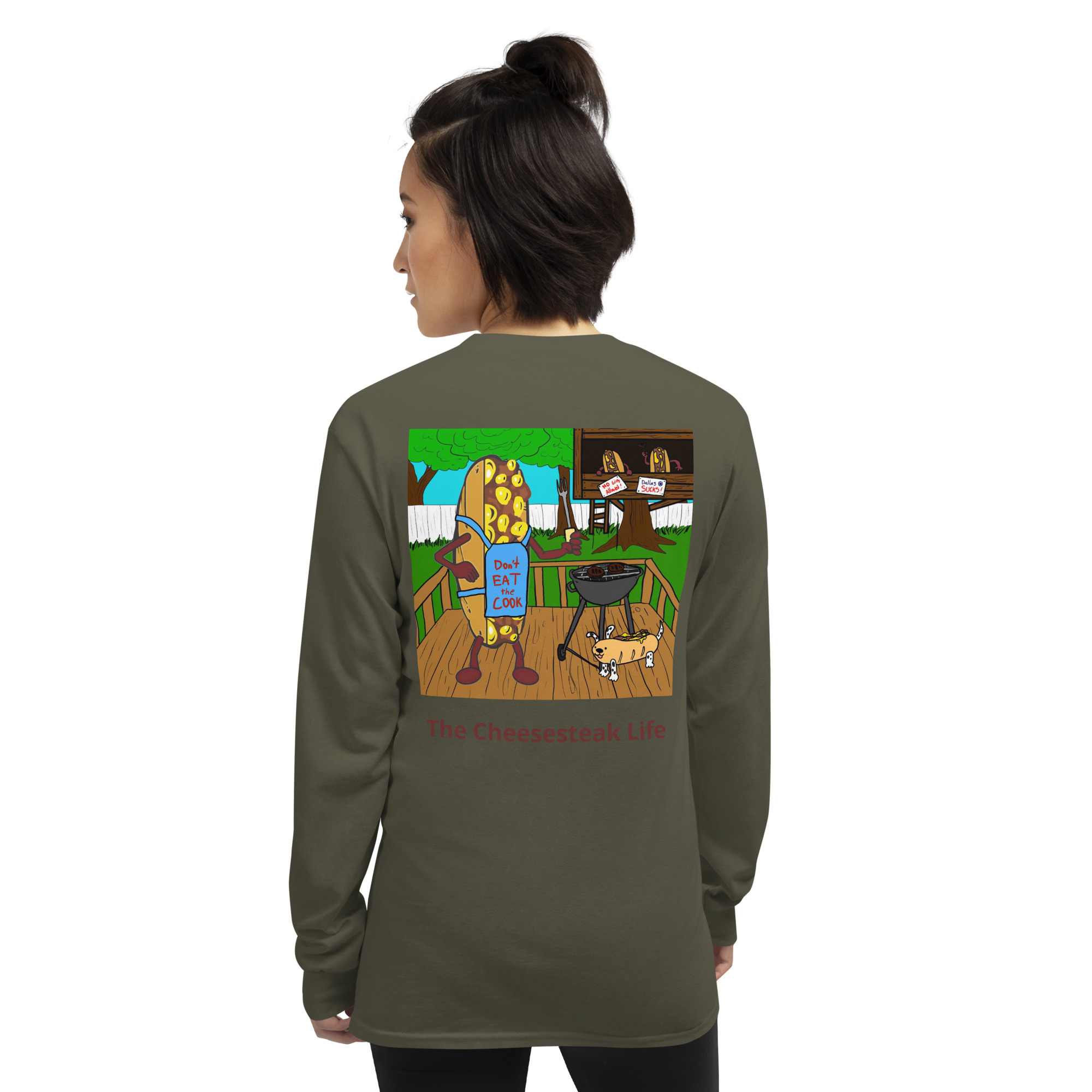 Long Sleeve T-Shirt - Cheesesteak Life - Amigo Dan - Cheesey Bar-B-Que on back - Image 8