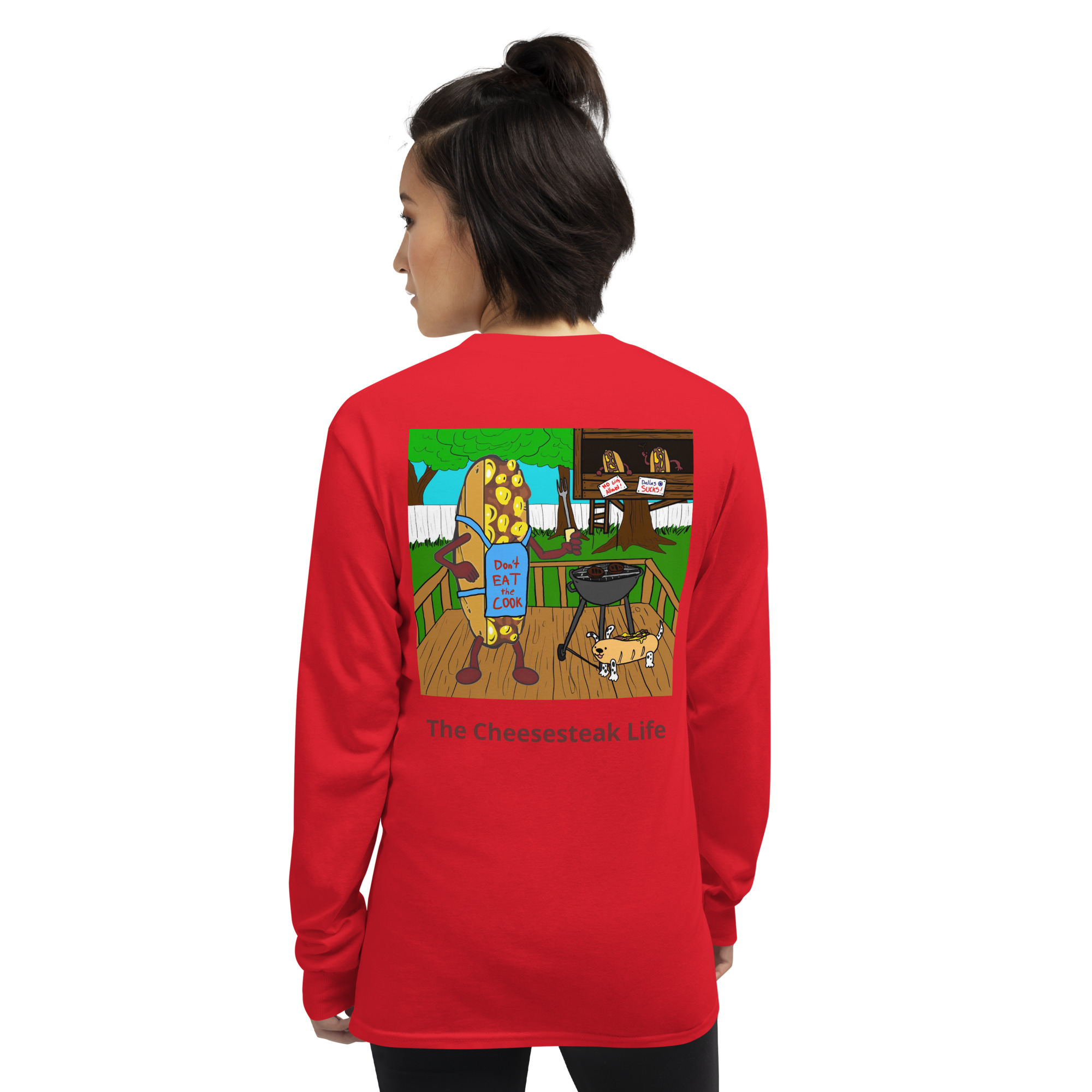 Long Sleeve T-Shirt - Cheesesteak Life - Amigo Dan - Cheesey Bar-B-Que on back - Image 4