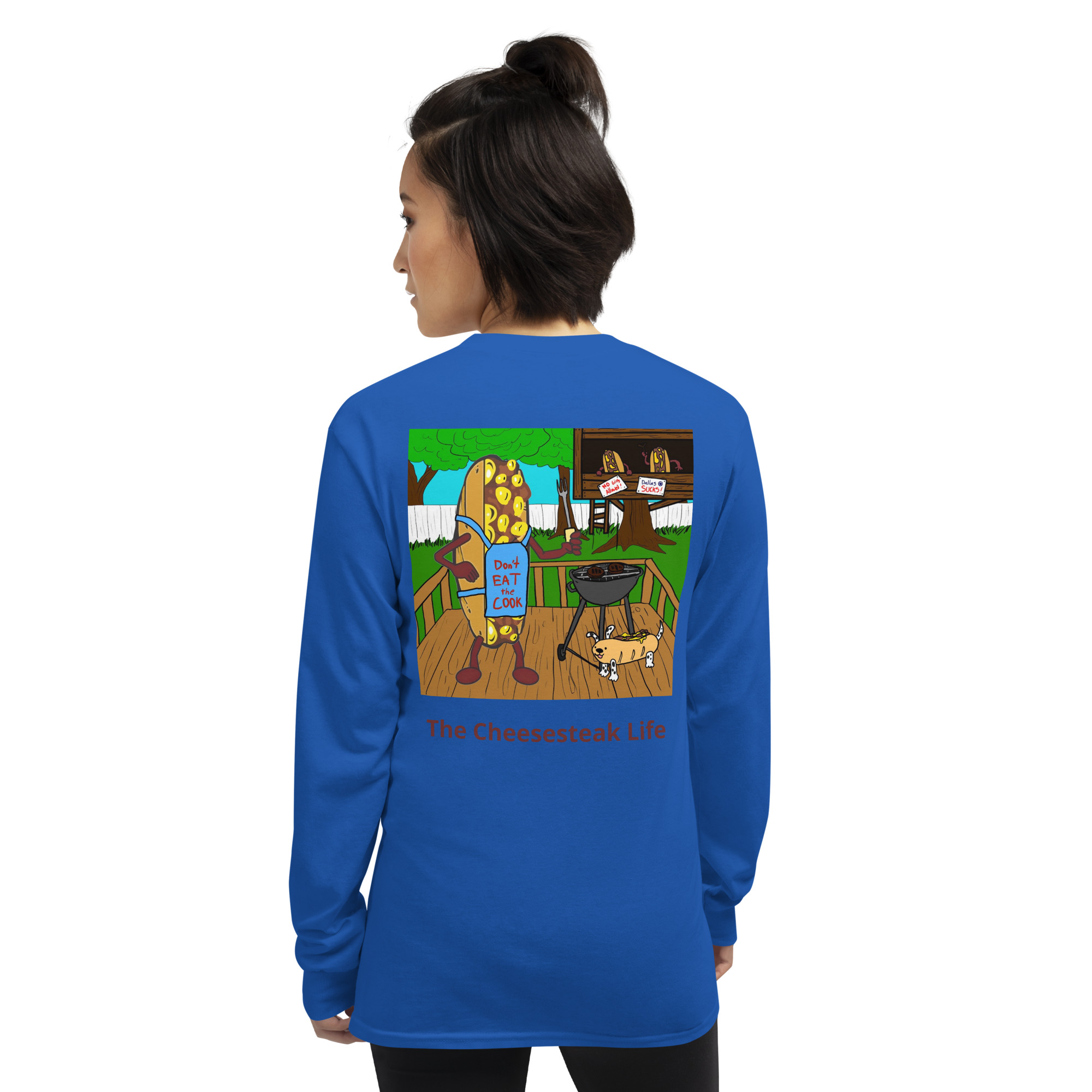 Long Sleeve T-Shirt - Cheesesteak Life - Amigo Dan - Cheesey Bar-B-Que on back - Image 6